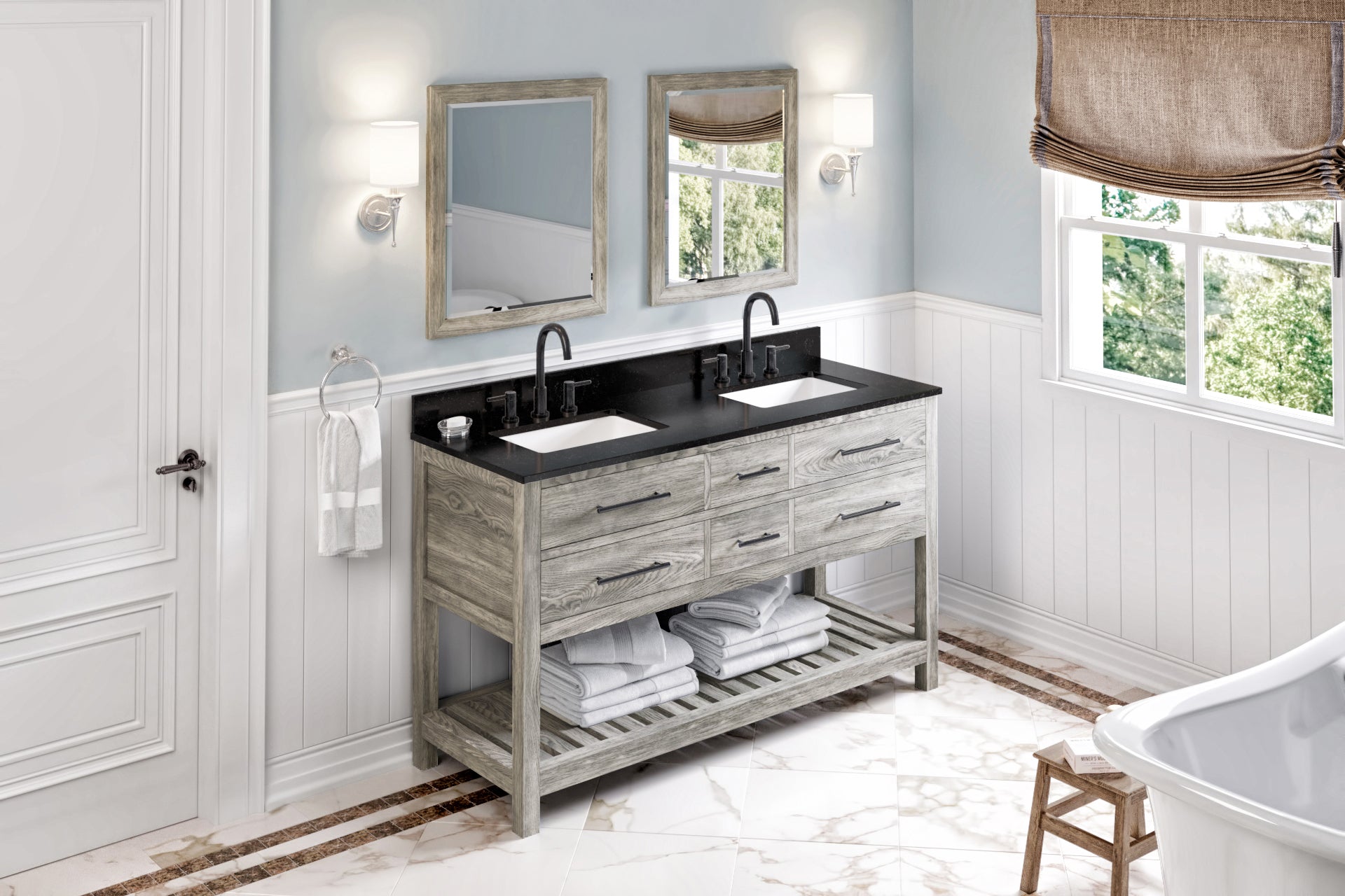 60" Weathered Grey Wavecrest Vanity, double bowl, Black Granite Vanity Top, two undermount rectangle bowls | KitchBath