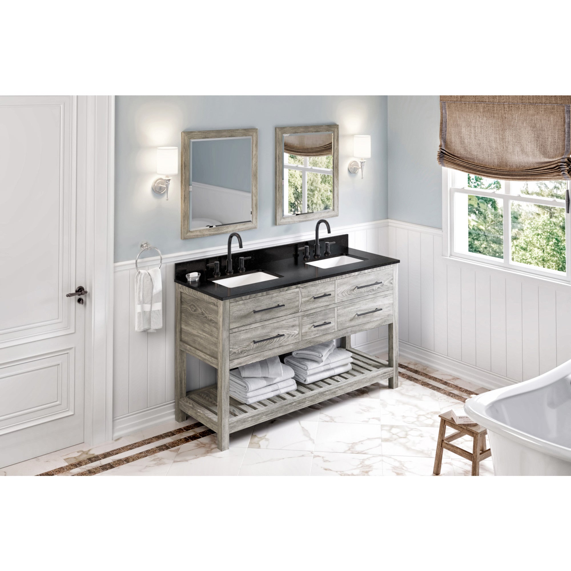 60" Weathered Grey Wavecrest Vanity, double bowl, Black Granite Vanity Top, two undermount rectangle bowls | KitchBath
