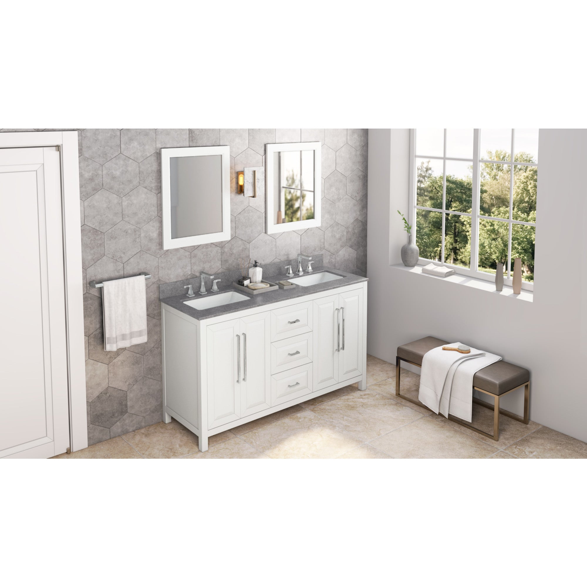 60" White Cade Vanity, double bowl, Steel Grey Cultured Marble Vanity Top, undermount rectangle bowl | KitchBath