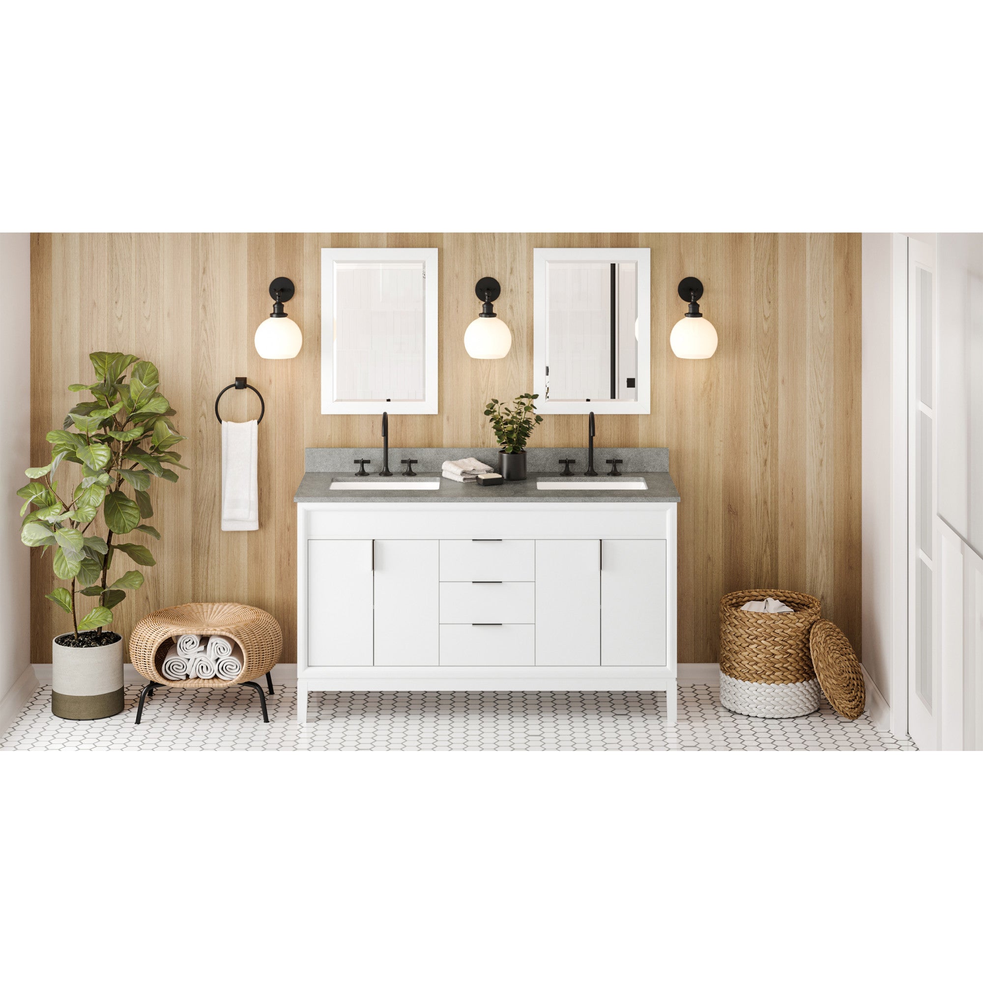 60" White Theodora Vanity, double bowl, Steel Grey Cultured Marble Vanity Top, two undermount rectangle bowls | KitchBath