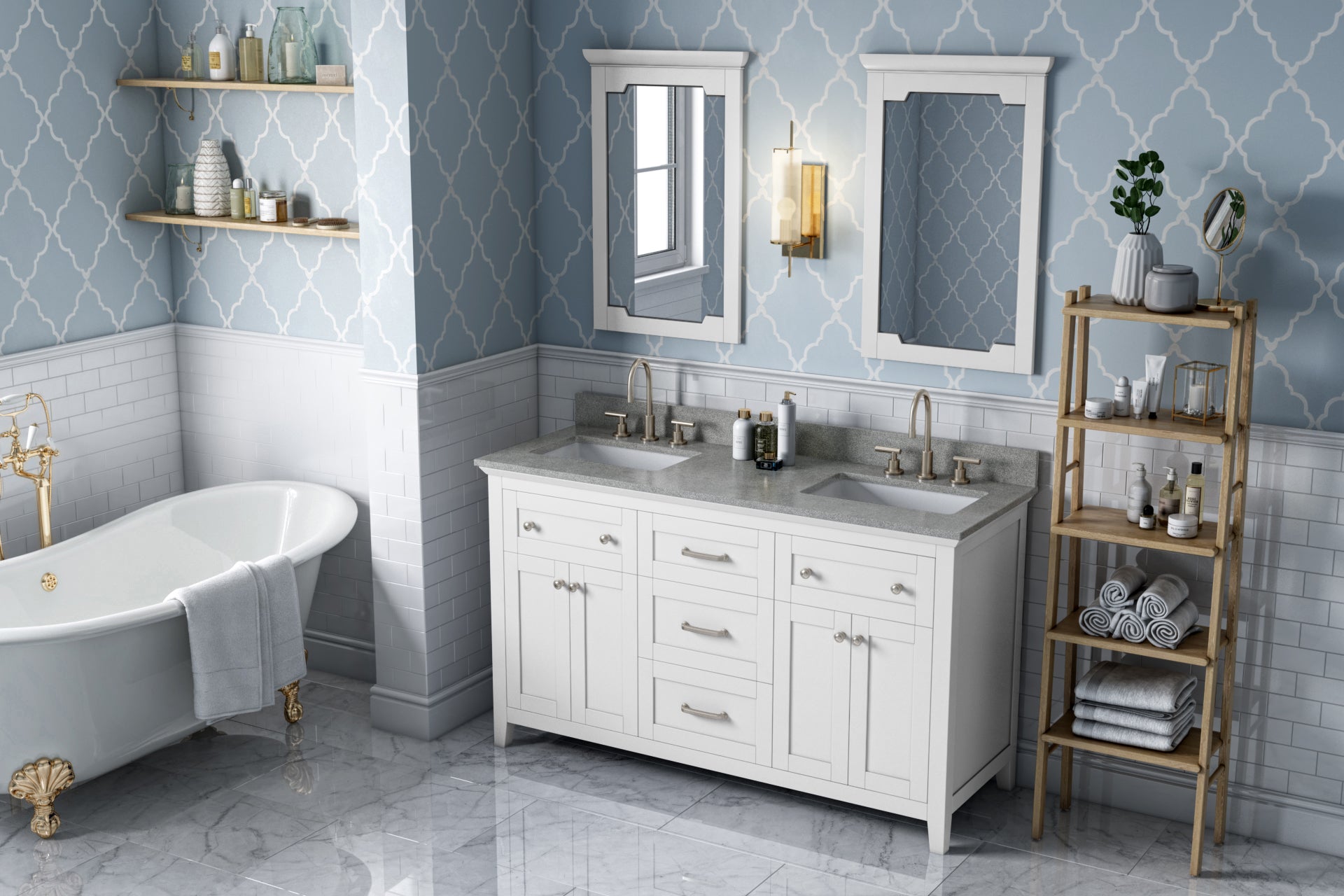 60" White Chatham Vanity, double bowl, Steel Grey Cultured Marble Vanity Top, two undermount rectangle bowls