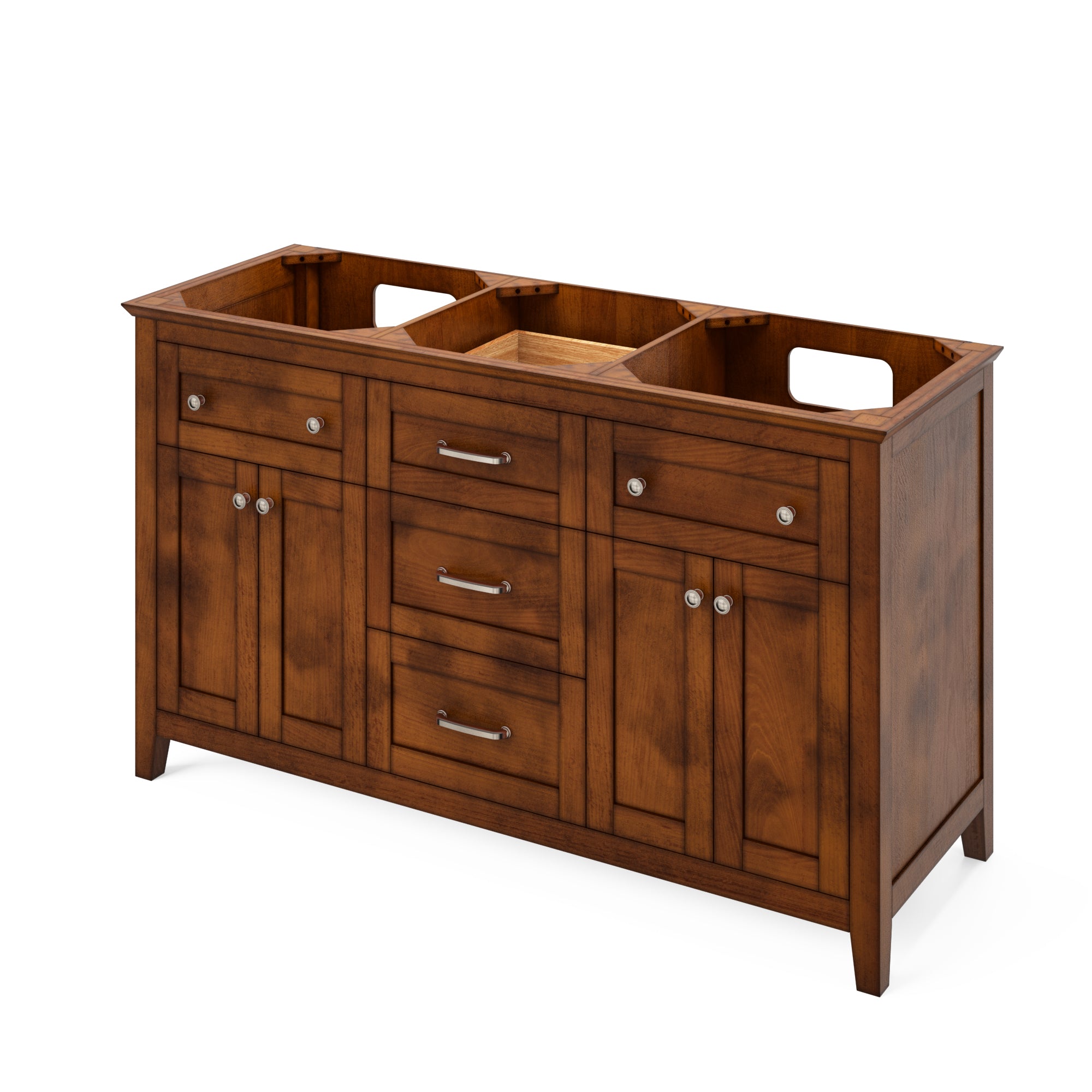 60" Chocolate Chatham Vanity, double bowl, White Carrara Marble Vanity Top, two undermount rectangle bowls | KitchBath
