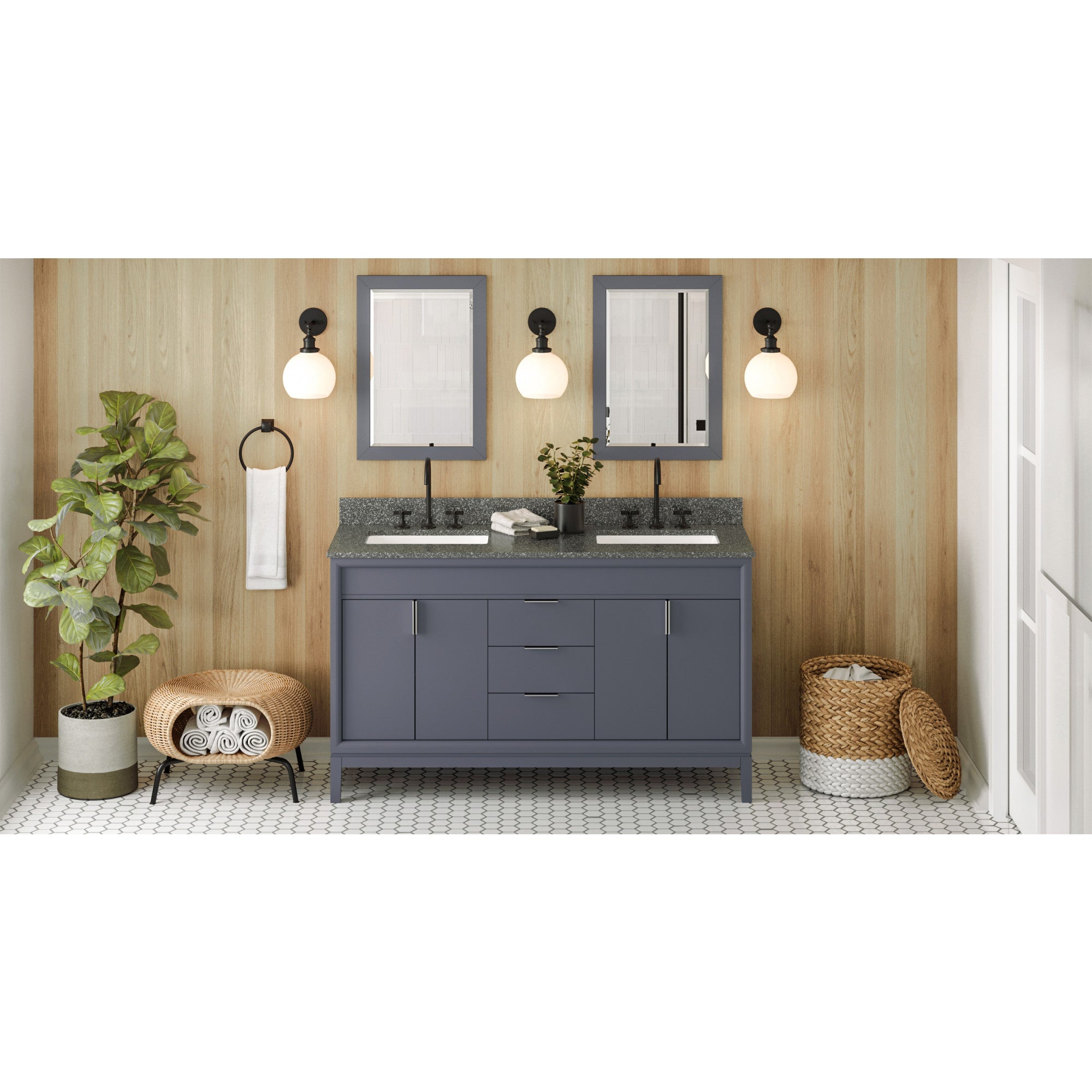 60" Blue Steel Theodora Vanity, double bowl, Boulder Cultured Marble Vanity Top, two undermount rectangle bowls | KitchBath