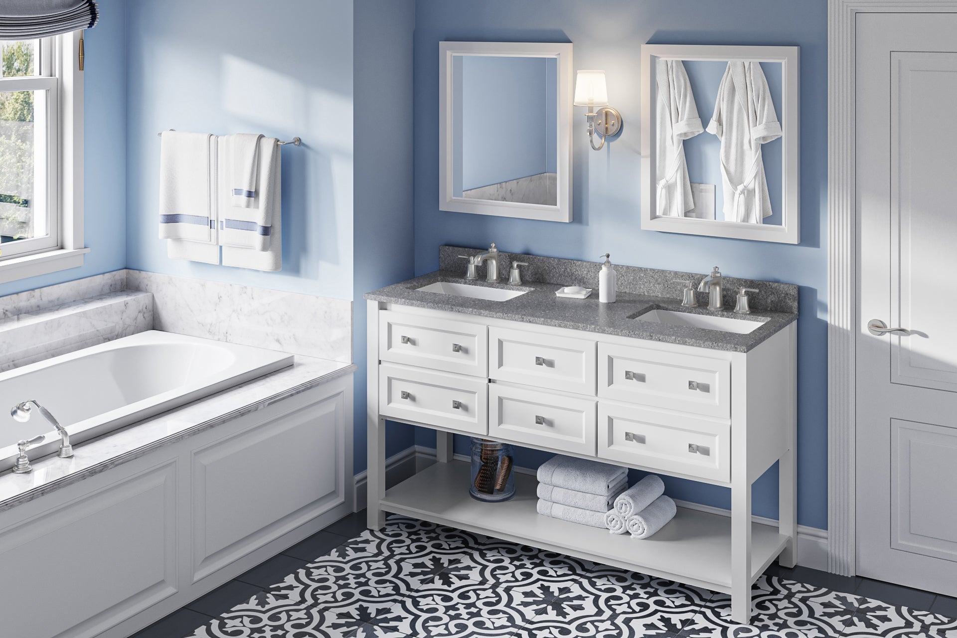 60" White Adler Vanity, double bowl, Boulder Cultured Marble Vanity Top, two undermount rectangle bowls