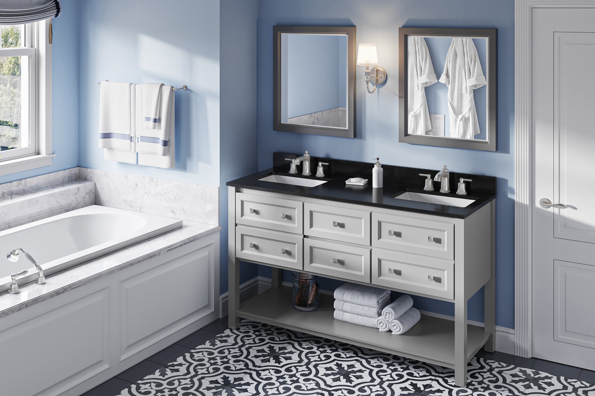 60" Grey Adler Vanity, double bowl, Black Granite Vanity Top, two undermount rectangle bowls
