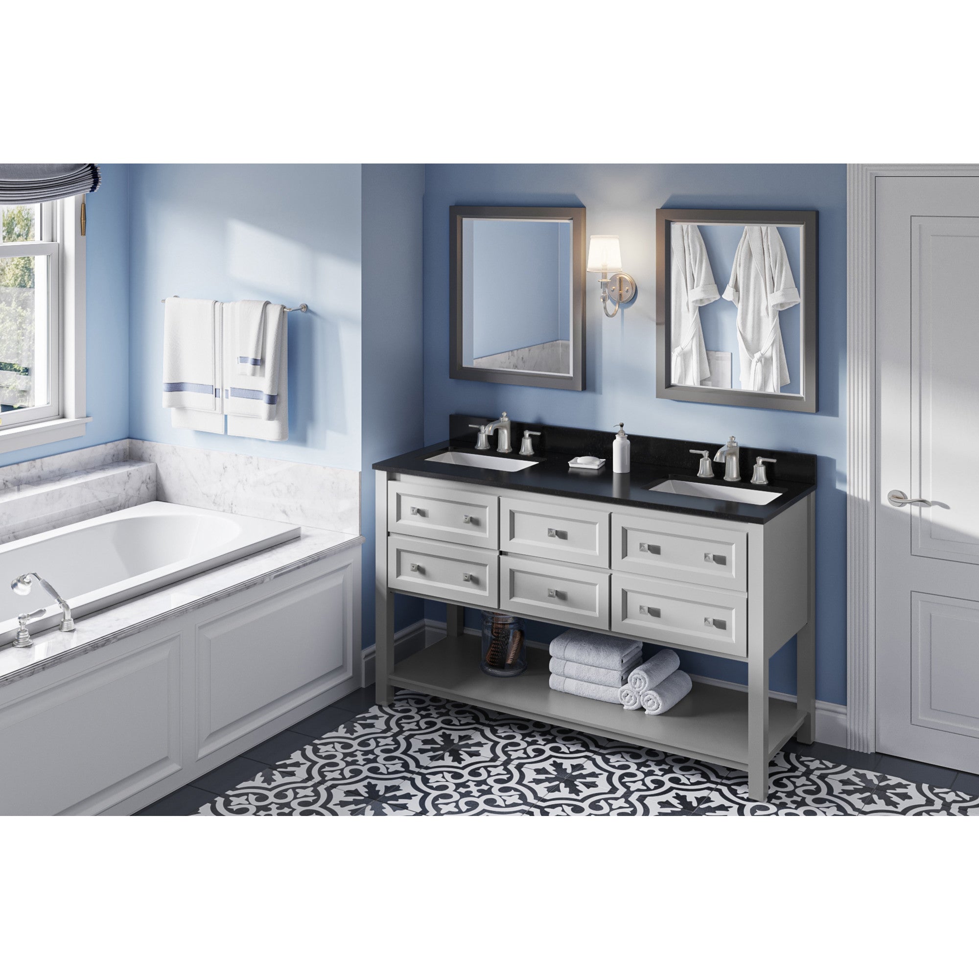 60" Grey Adler Vanity, double bowl, Black Granite Vanity Top, two undermount rectangle bowls | KitchBath