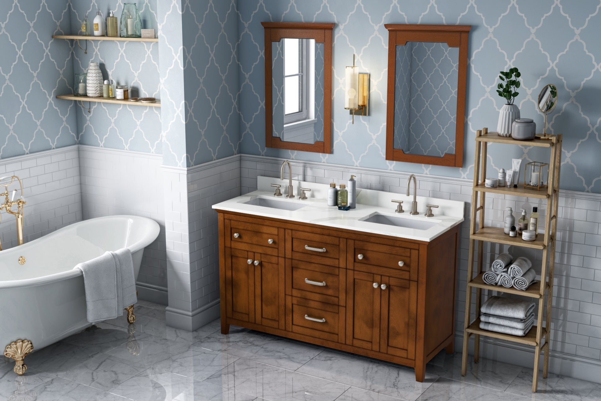 60" Chocolate Chatham Vanity, double bowl, Calacatta Vienna Quartz Vanity Top, two undermount rectangle bowls