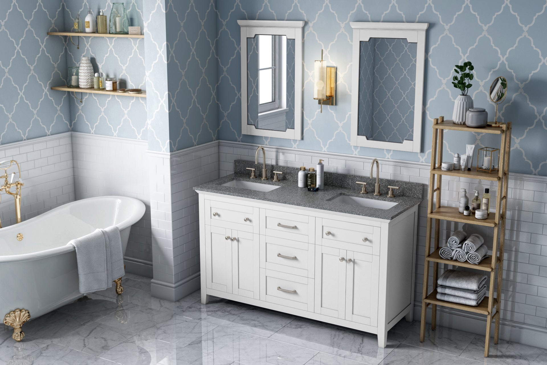 60" White Chatham Vanity, double bowl, Boulder Cultured Marble Vanity Top, two undermount rectangle bowls