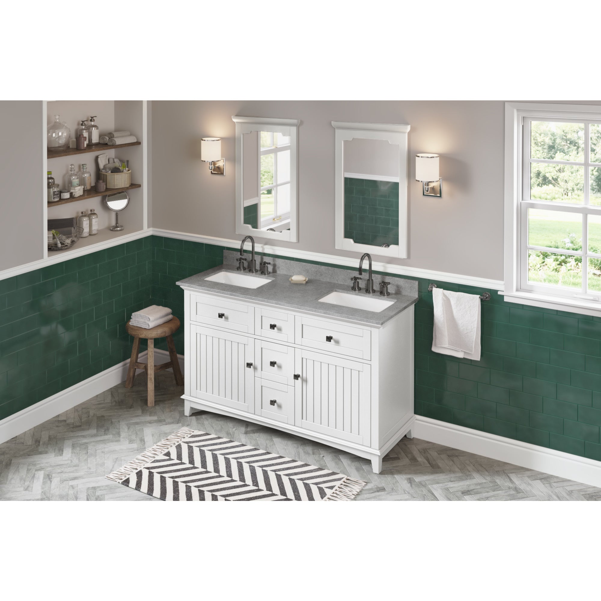 60" White Savino Vanity, double bowl, Steel Grey Cultured Marble Vanity Top, two undermount rectangle bowls | KitchBath