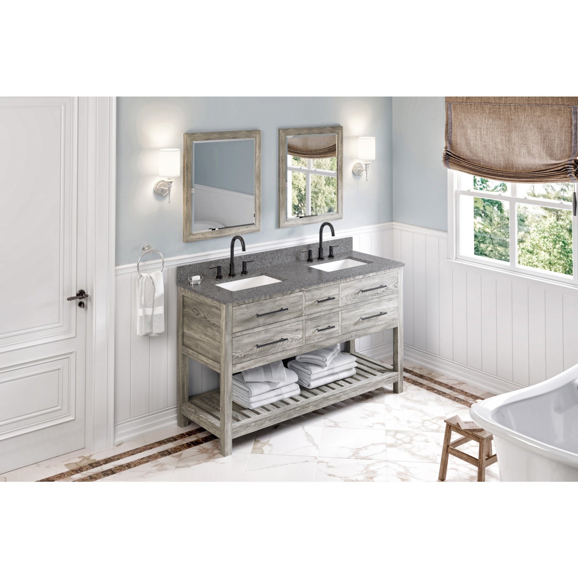 60" Weathered Grey Wavecrest Vanity, double bowl, Boulder Cultured Marble Vanity Top, two undermount rectangle bowls | KitchBath