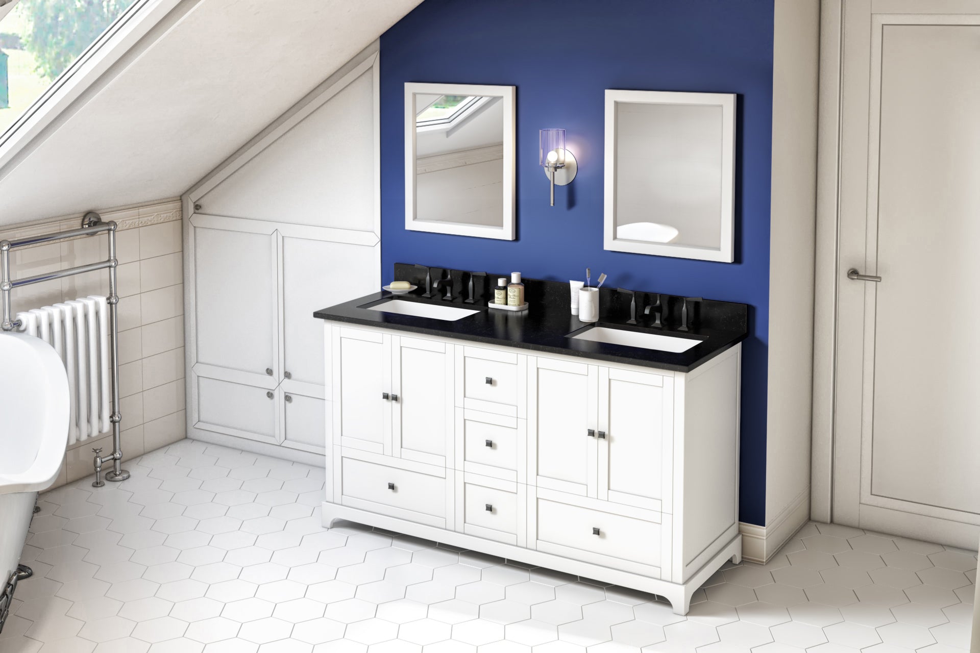 60" White Addington Vanity, double bowl, Black Granite Vanity Top, two undermount rectangle bowls