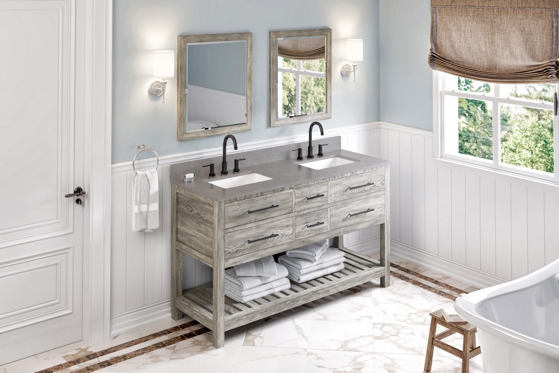 60" Weathered Grey Wavecrest Vanity, double bowl, Steel Grey Cultured Marble Vanity Top, two undermount rectangle bowls | KitchBath