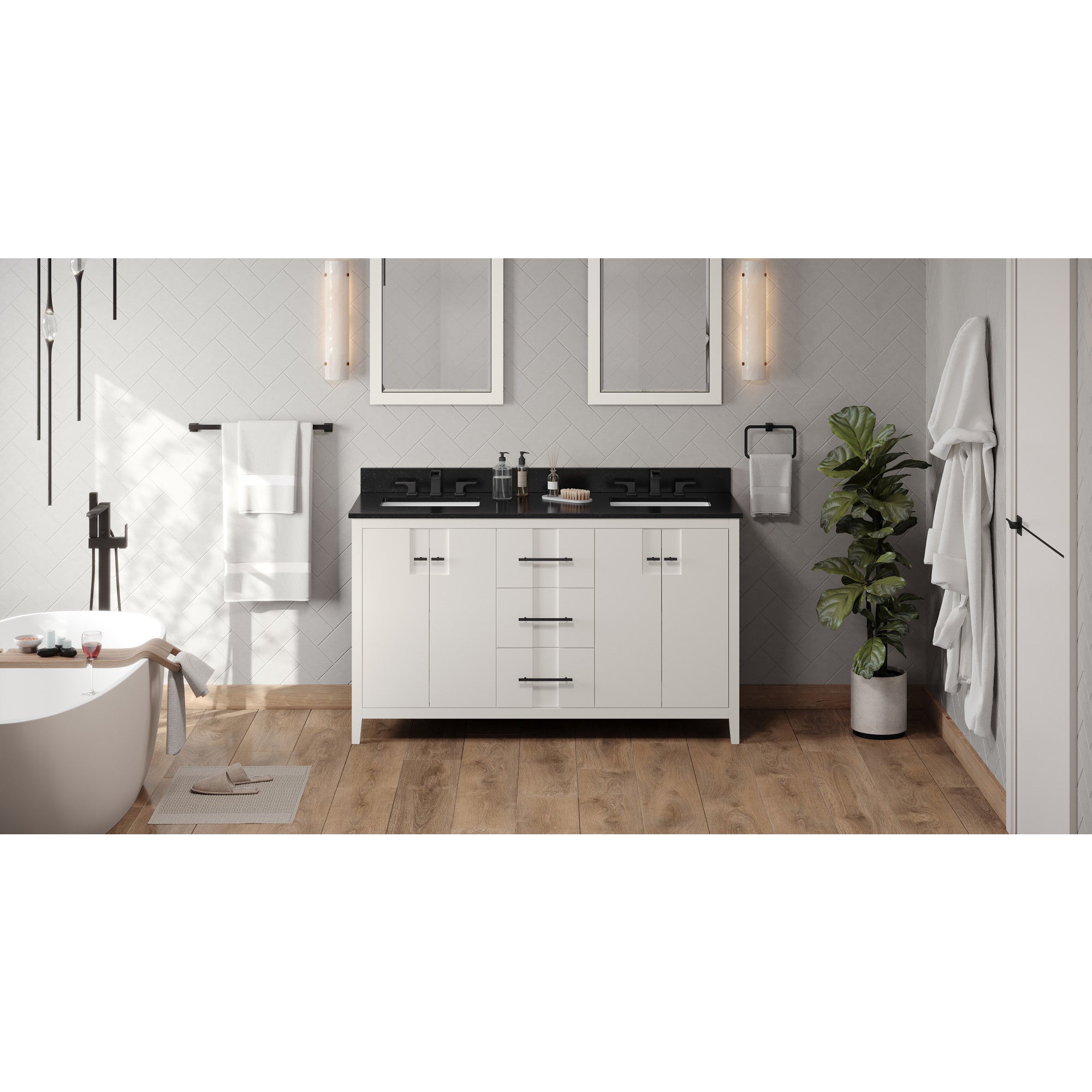 60" White Katara Vanity, double bowl, Black Granite Vanity Top, two undermount rectangle bowls | KitchBath