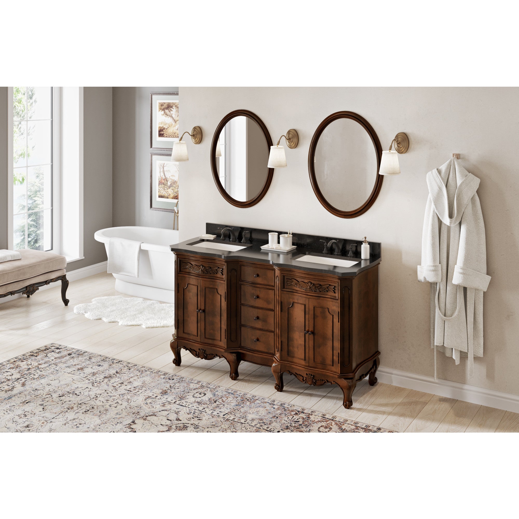60" Nutmeg Clairemont Vanity, double bowl, Clairemont-only Black Granite Vanity Top, two undermount rectangle bowls | KitchBath