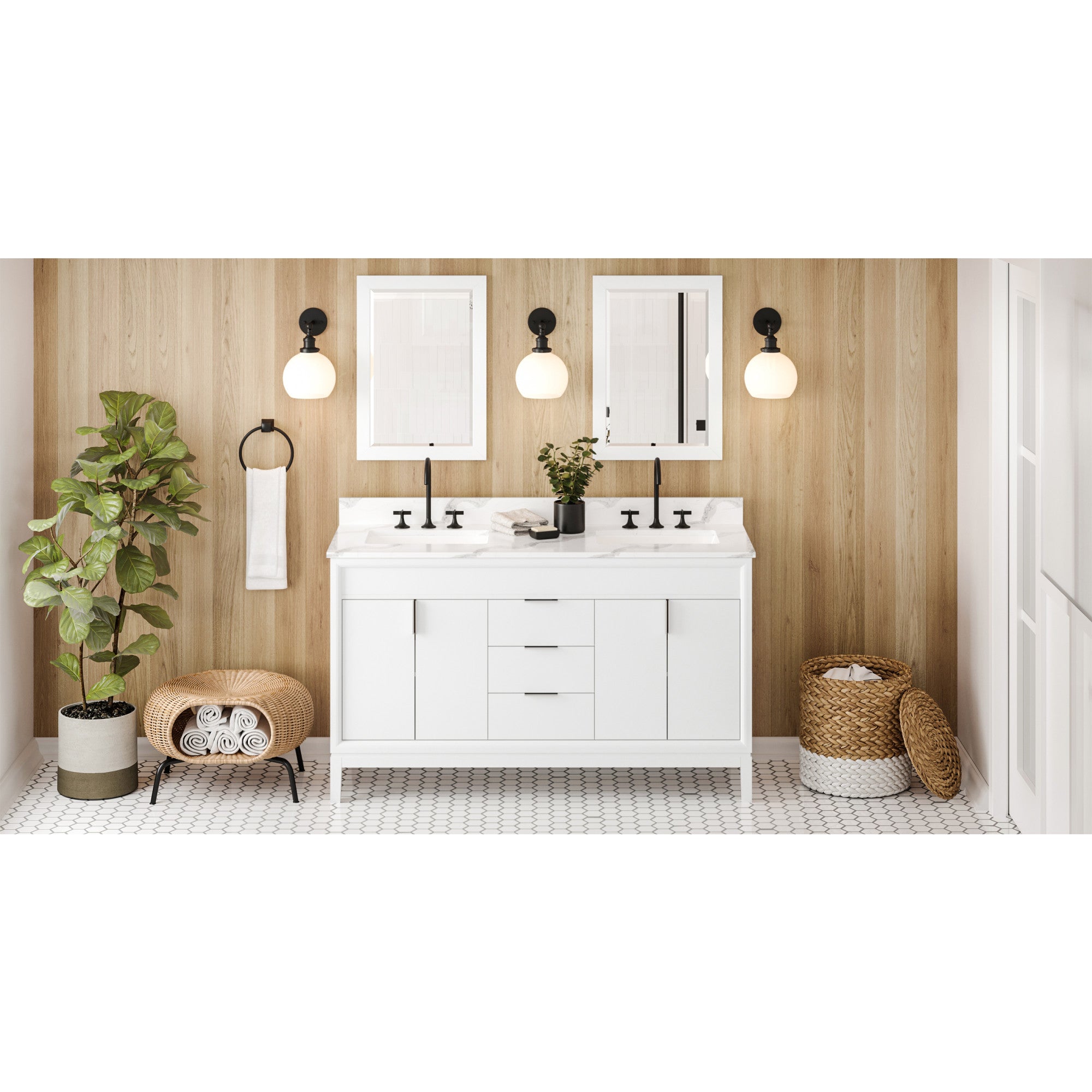 60" White Theodora Vanity, double bowl, Calacatta Vienna Quartz Vanity Top, two undermount rectangle bowls | KitchBath
