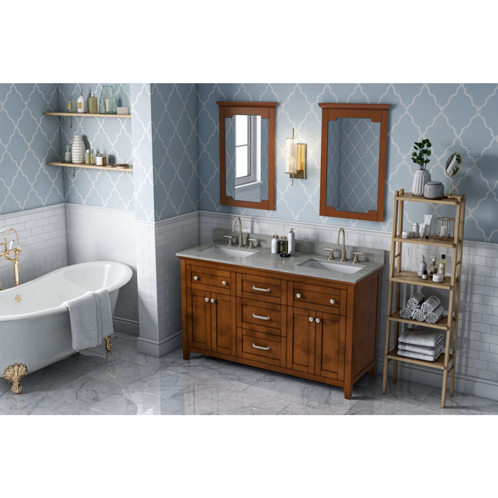 60" Chocolate Chatham Vanity, double bowl, Steel Grey Cultured Marble Vanity Top, two undermount rectangle bowls | KitchBath