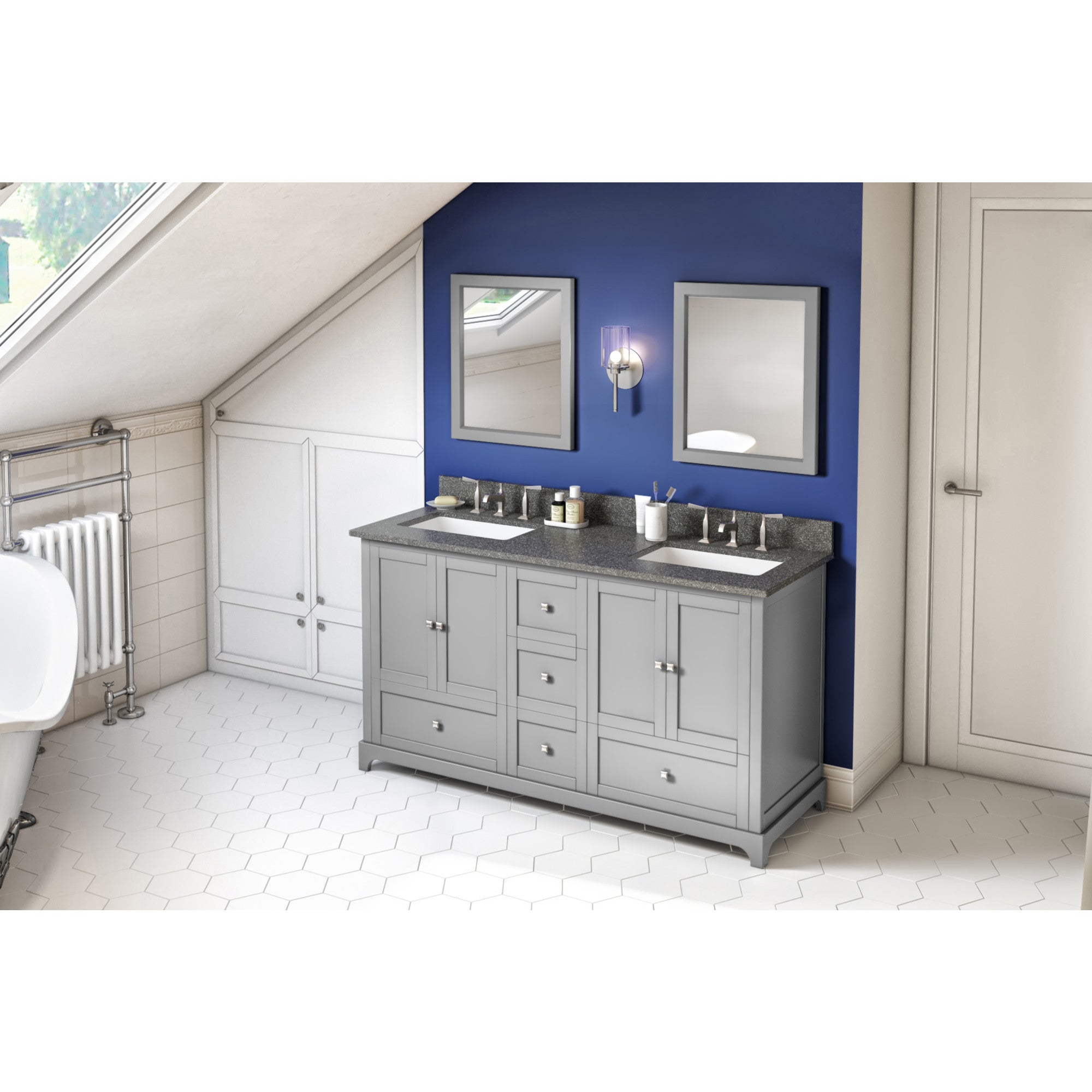 60" Grey Addington Vanity, double bowl, Boulder Cultured Marble Vanity Top, two undermount rectangle bowls | KitchBath