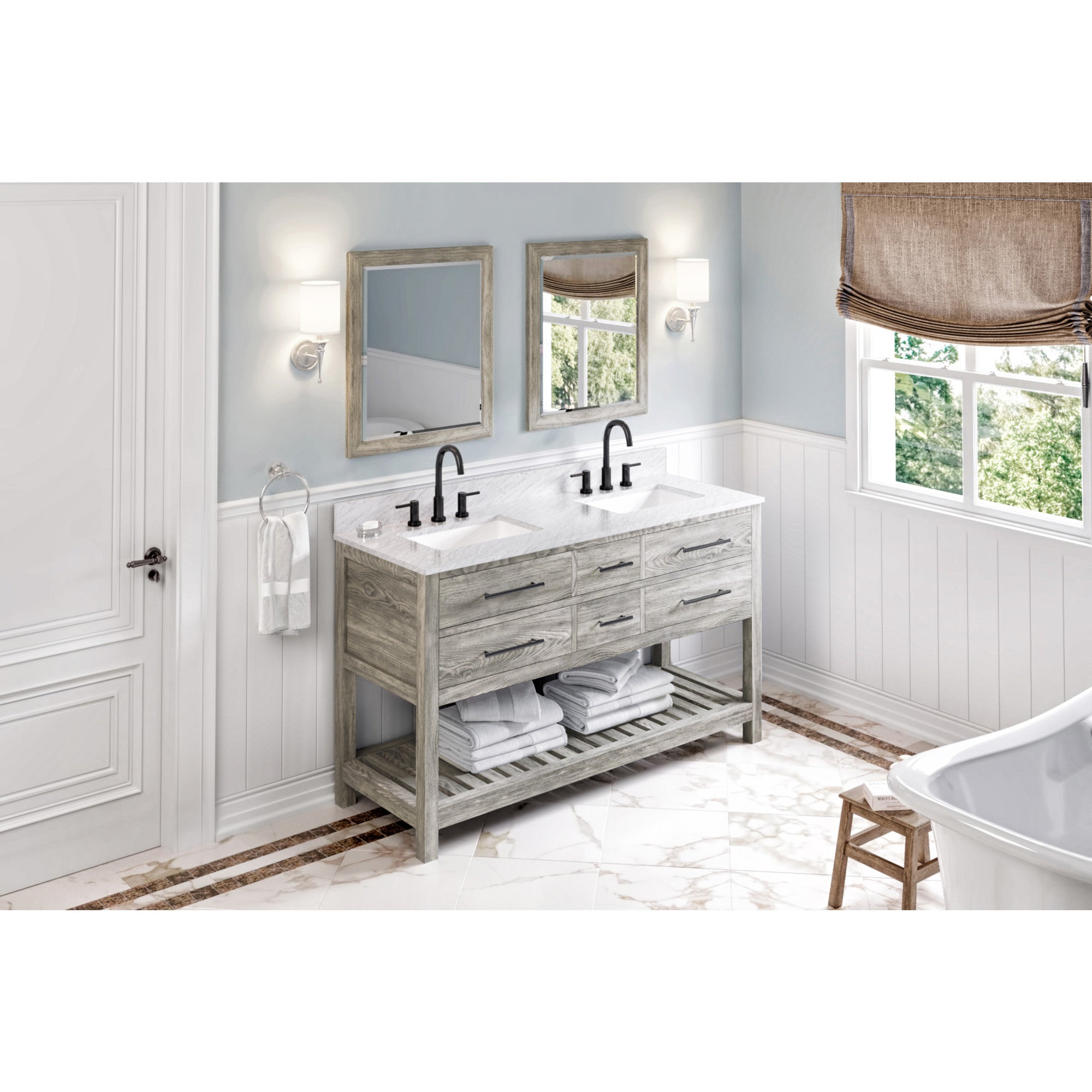 60" Weathered Grey Wavecrest Vanity, double bowl, White Carrara Marble Vanity Top, two undermount rectangle bowls | KitchBath