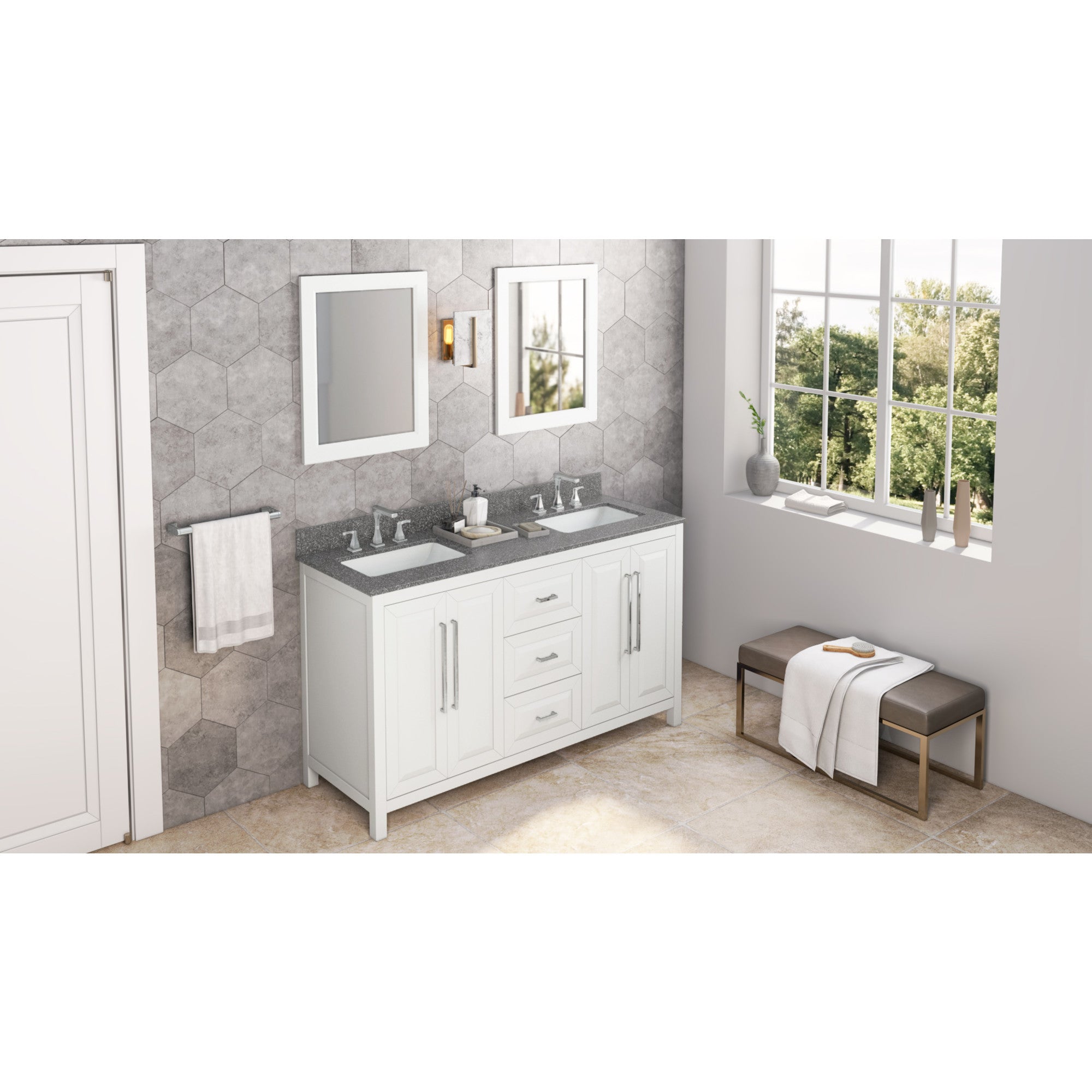 60" White Cade Vanity, double bowl, Boulder Cultured Marble Vanity Top, undermount rectangle bowl | KitchBath