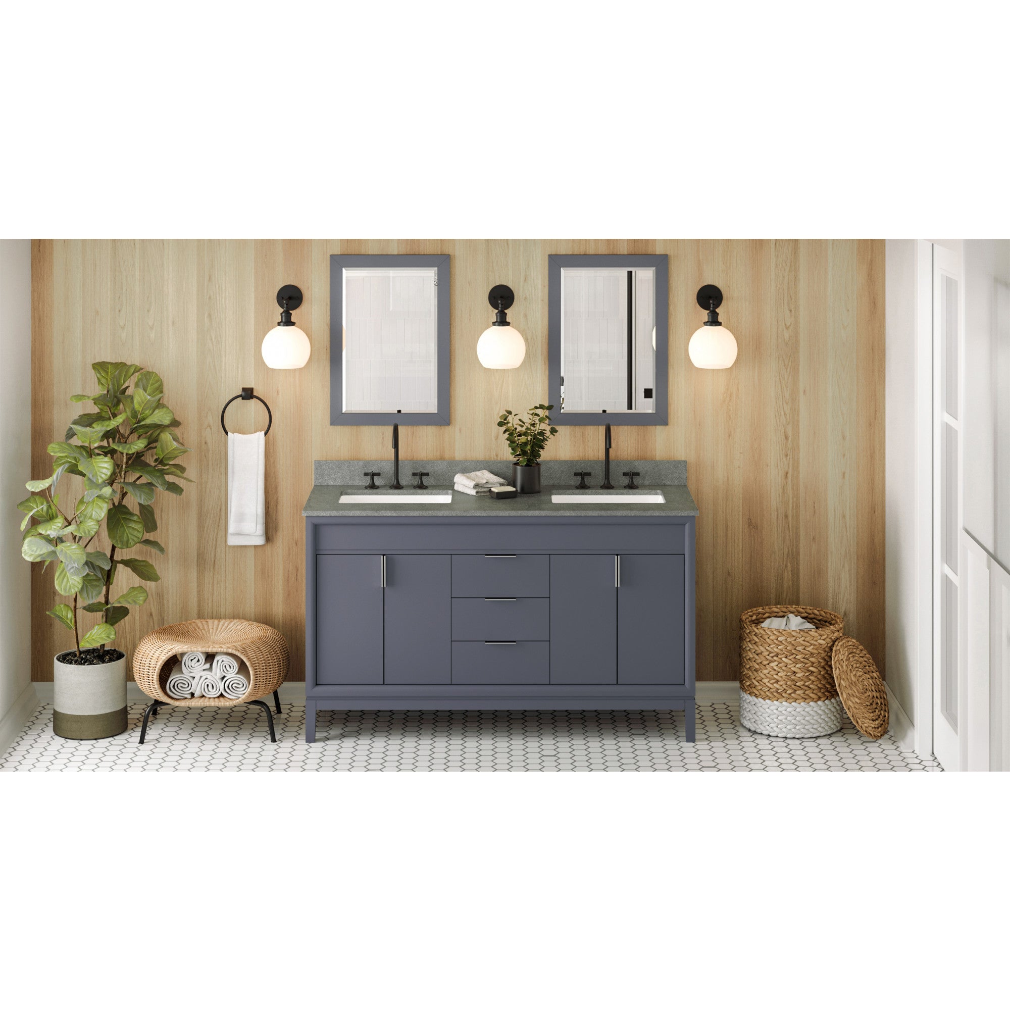 60" Blue Steel Theodora Vanity, double bowl, Steel Grey Cultured Marble Vanity Top, two undermount rectangle bowls | KitchBath