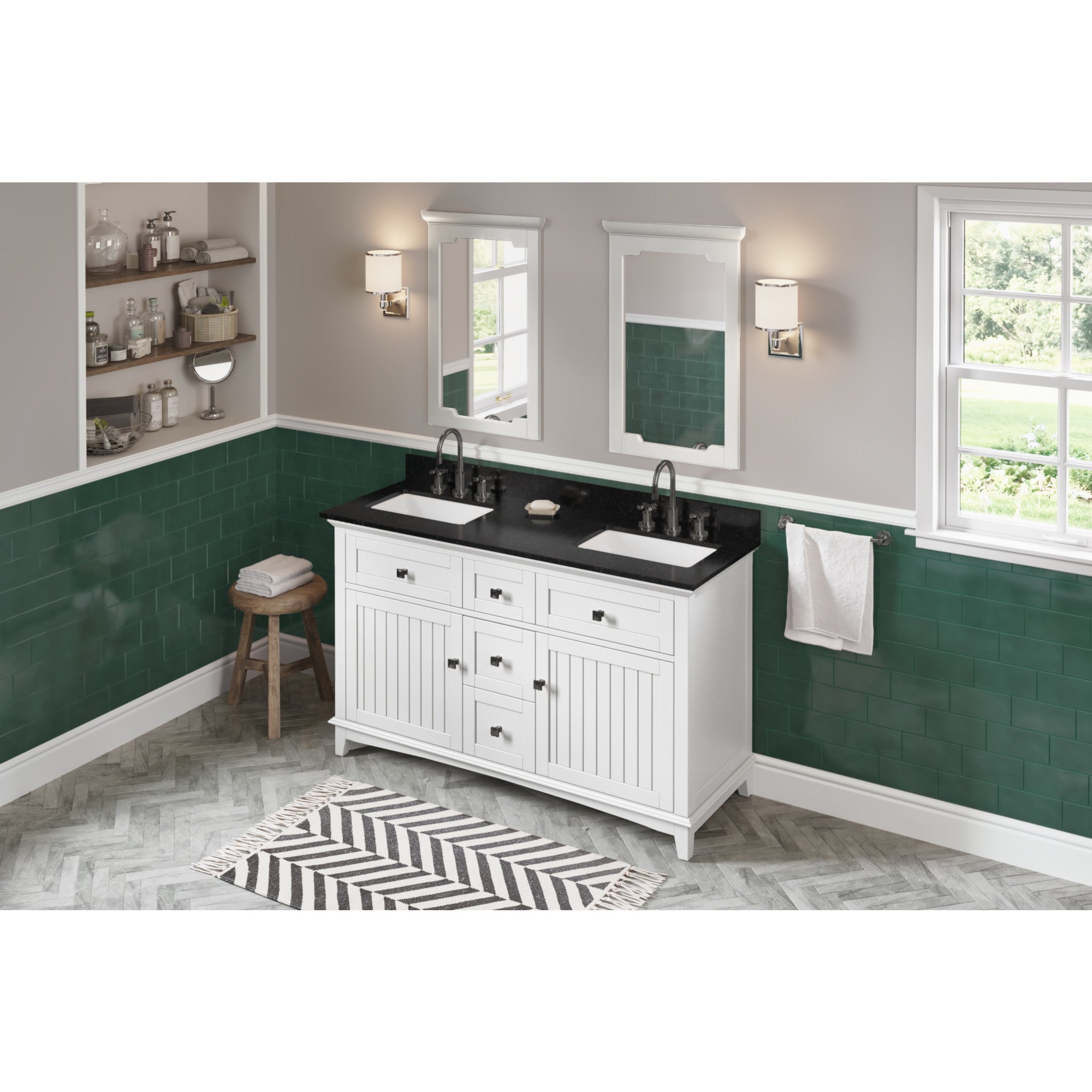60" White Savino Vanity, double bowl, Black Granite Vanity Top, two undermount rectangle bowls | KitchBath