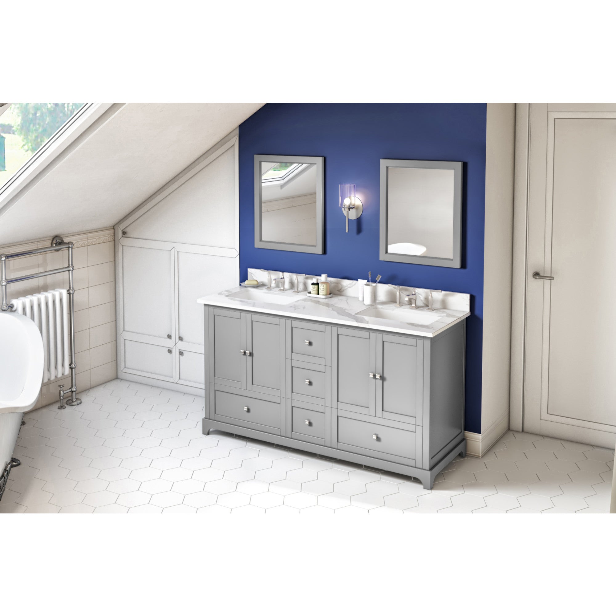 60" Grey Addington Vanity, double bowl, Calacatta Vienna Quartz Vanity Top, two undermount rectangle bowls | KitchBath