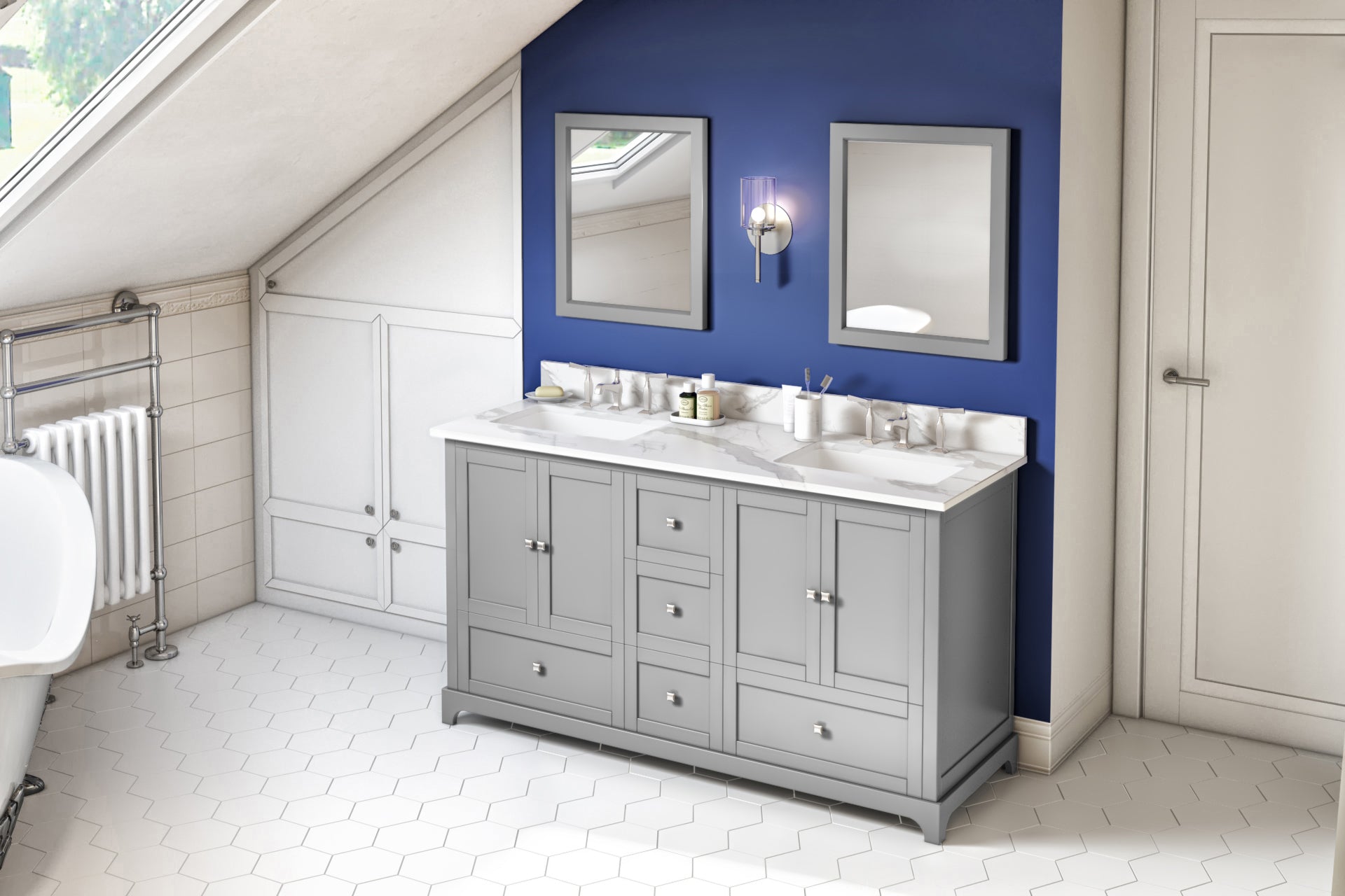 60" Grey Addington Vanity, double bowl, Calacatta Vienna Quartz Vanity Top, two undermount rectangle bowls