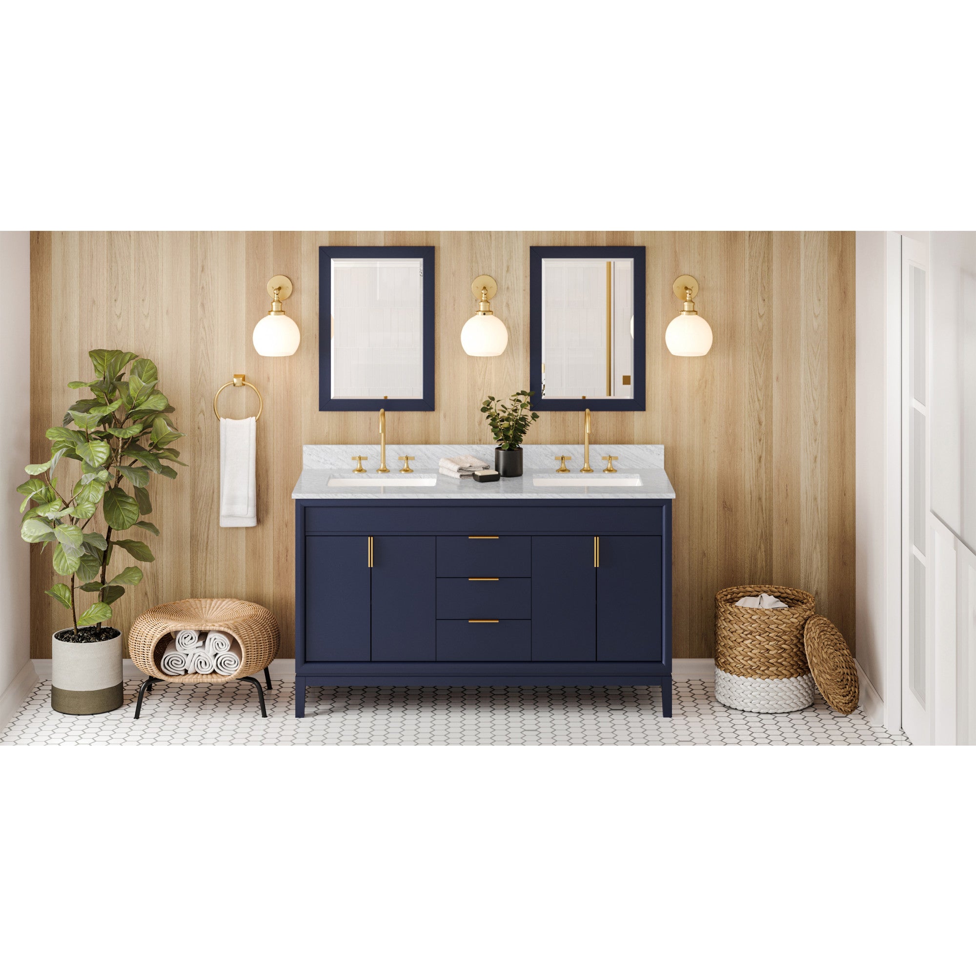 60" Hale Blue Theodora Vanity, double bowl, White Carrara Marble Vanity Top, two undermount rectangle bowls | KitchBath