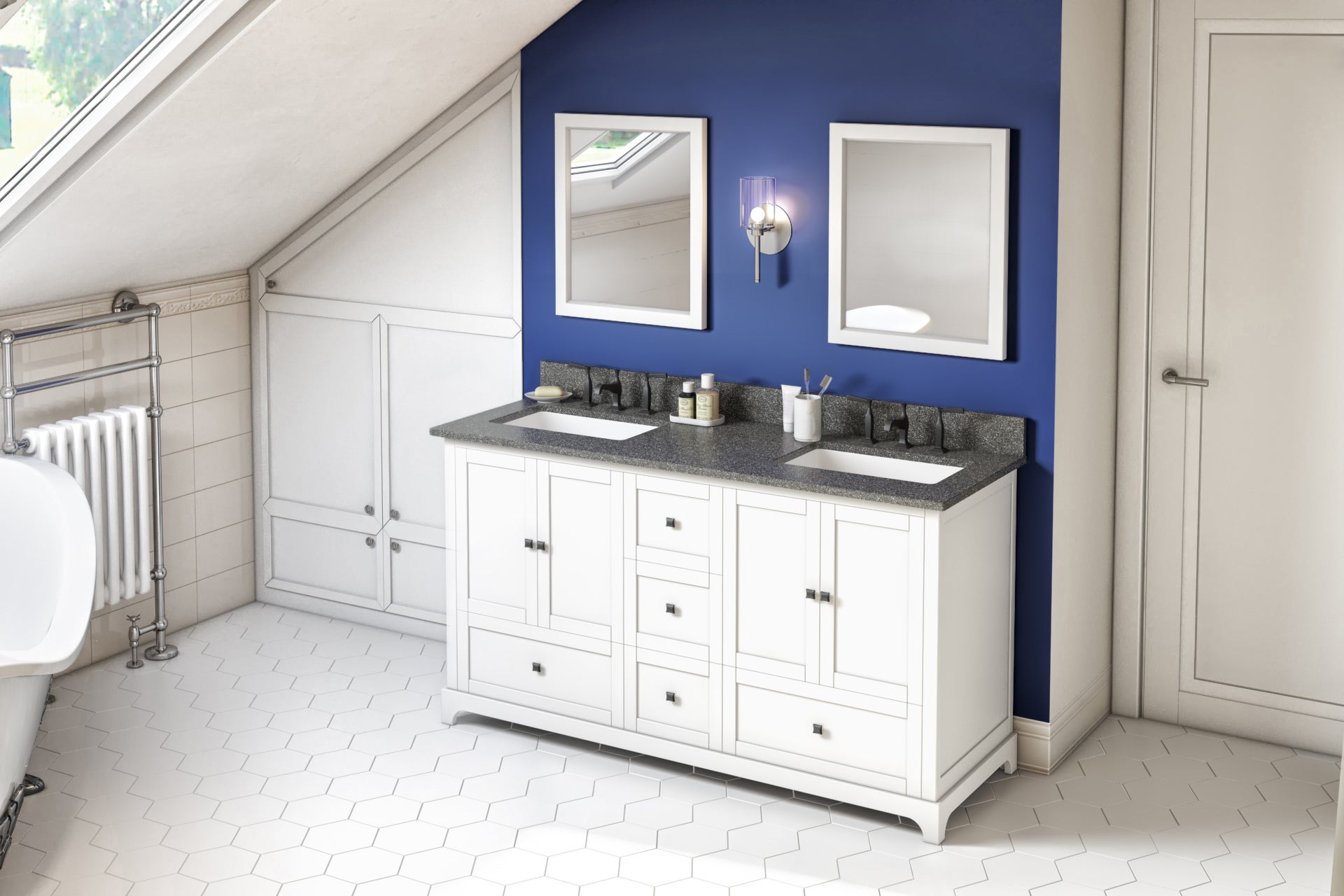 60" White Addington Vanity, double bowl, Boulder Cultured Marble Vanity Top, two undermount rectangle bowls