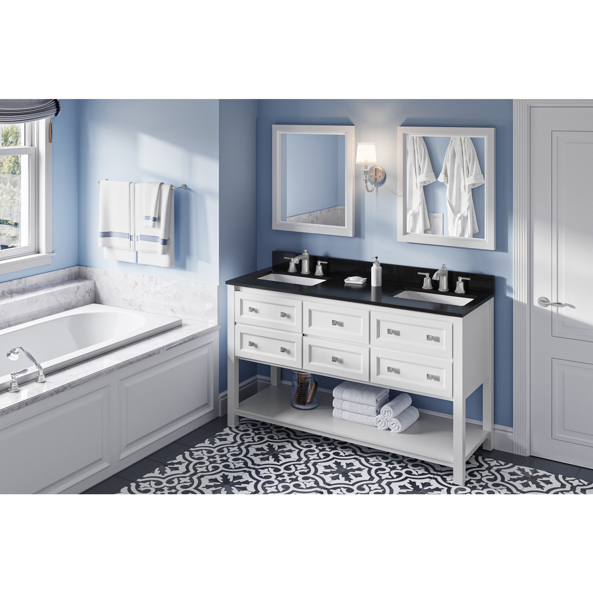 60" White Adler Vanity, double bowl, Black Granite Vanity Top, two undermount rectangle bowls | KitchBath
