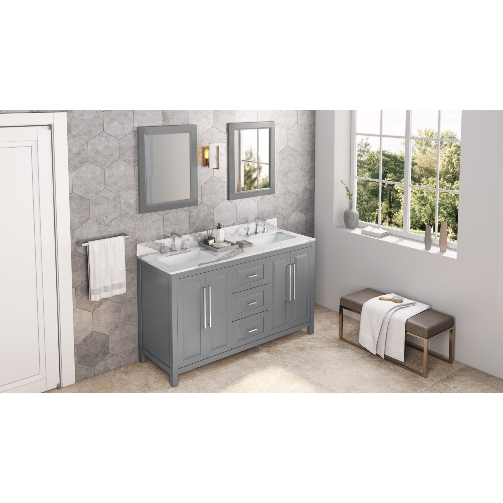 60" Grey Cade Vanity, double bowl, Calacatta Vienna Quartz Vanity Top, undermount rectangle bowl | KitchBath
