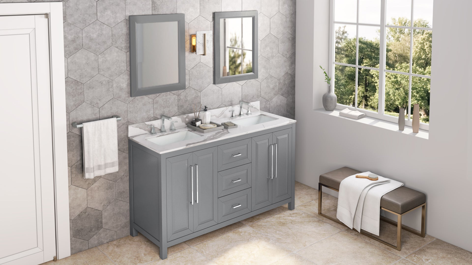 60" Grey Cade Vanity, double bowl, Calacatta Vienna Quartz Vanity Top, undermount rectangle bowl