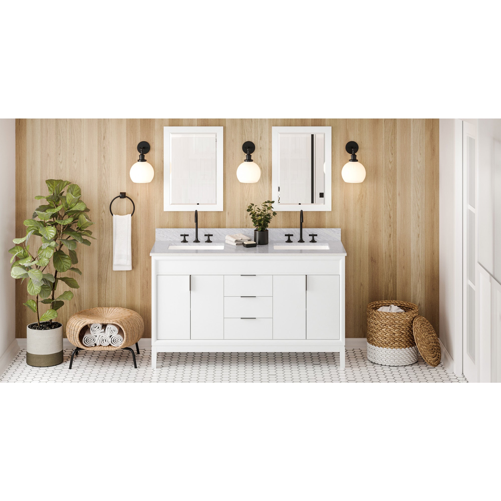 60" White Theodora Vanity, double bowl, White Carrara Marble Vanity Top, two undermount rectangle bowls | KitchBath