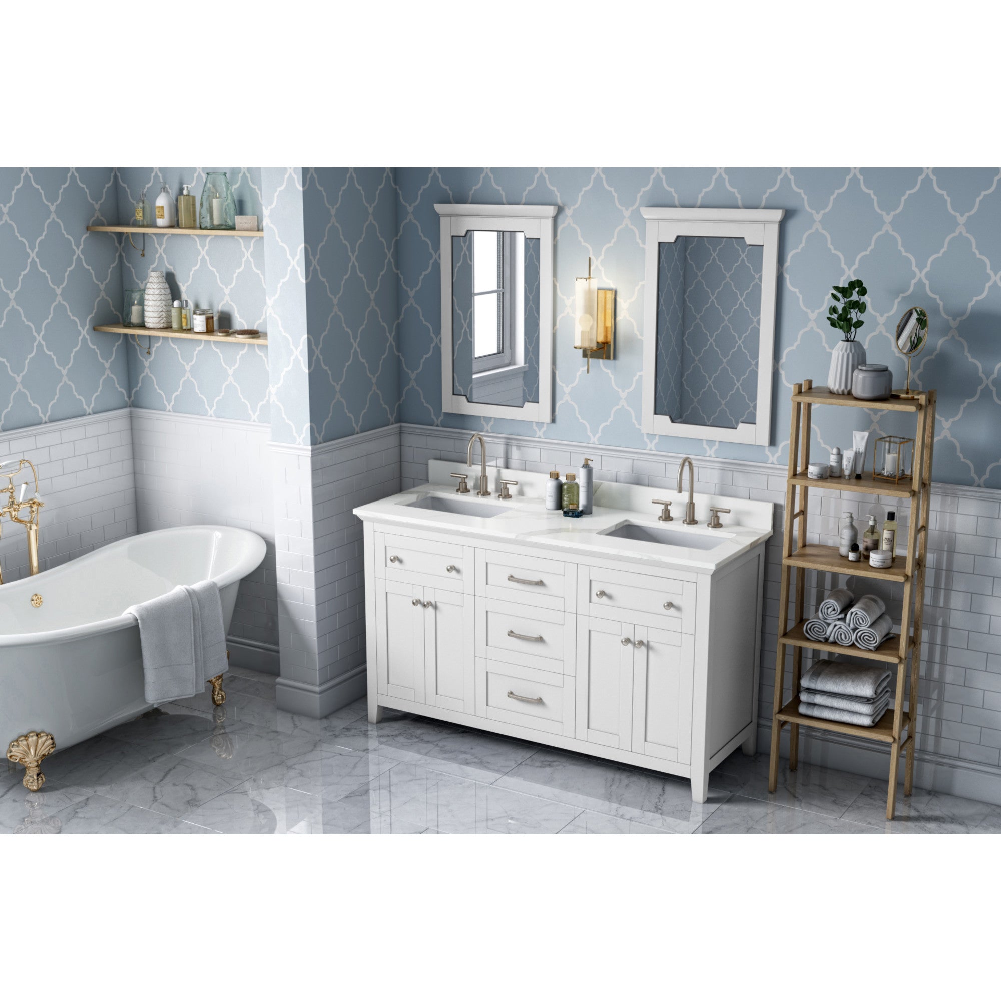 60" White Chatham Vanity, double bowl, Calacatta Vienna Quartz Vanity Top, two undermount rectangle bowls | KitchBath