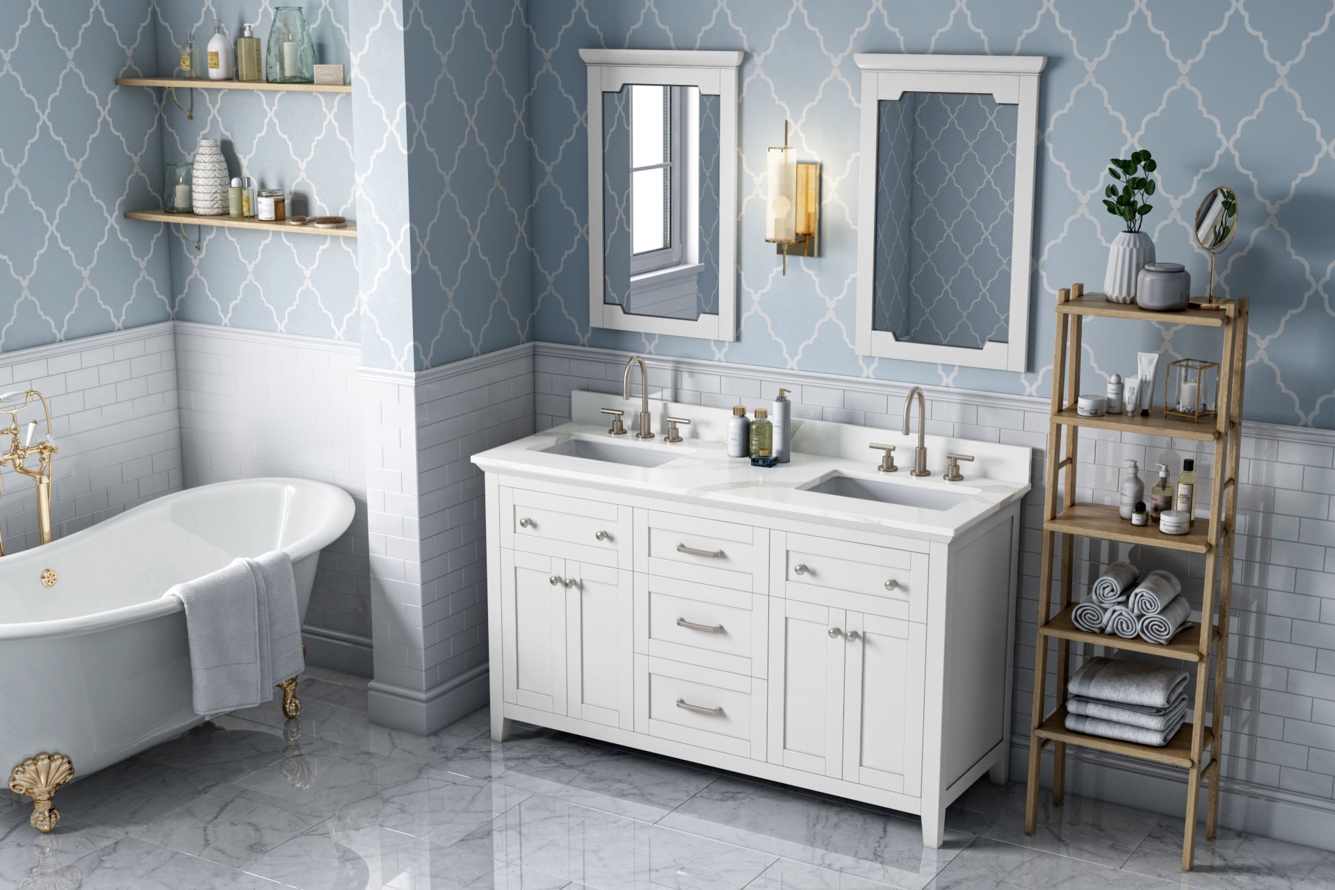 60" White Chatham Vanity, double bowl, Calacatta Vienna Quartz Vanity Top, two undermount rectangle bowls