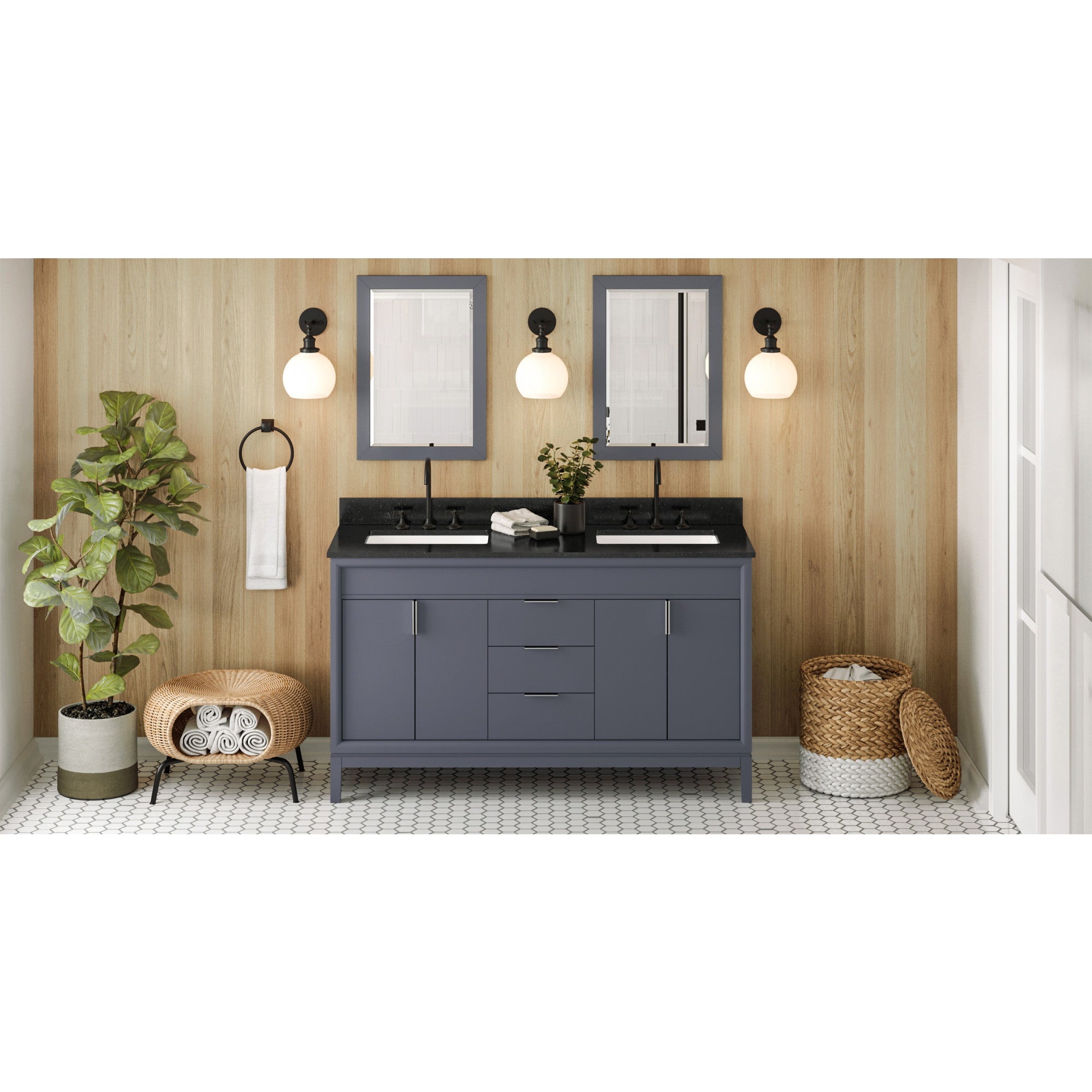 60" Blue Steel Theodora Vanity, double bowl, Black Granite Vanity Top, two undermount rectangle bowls | KitchBath