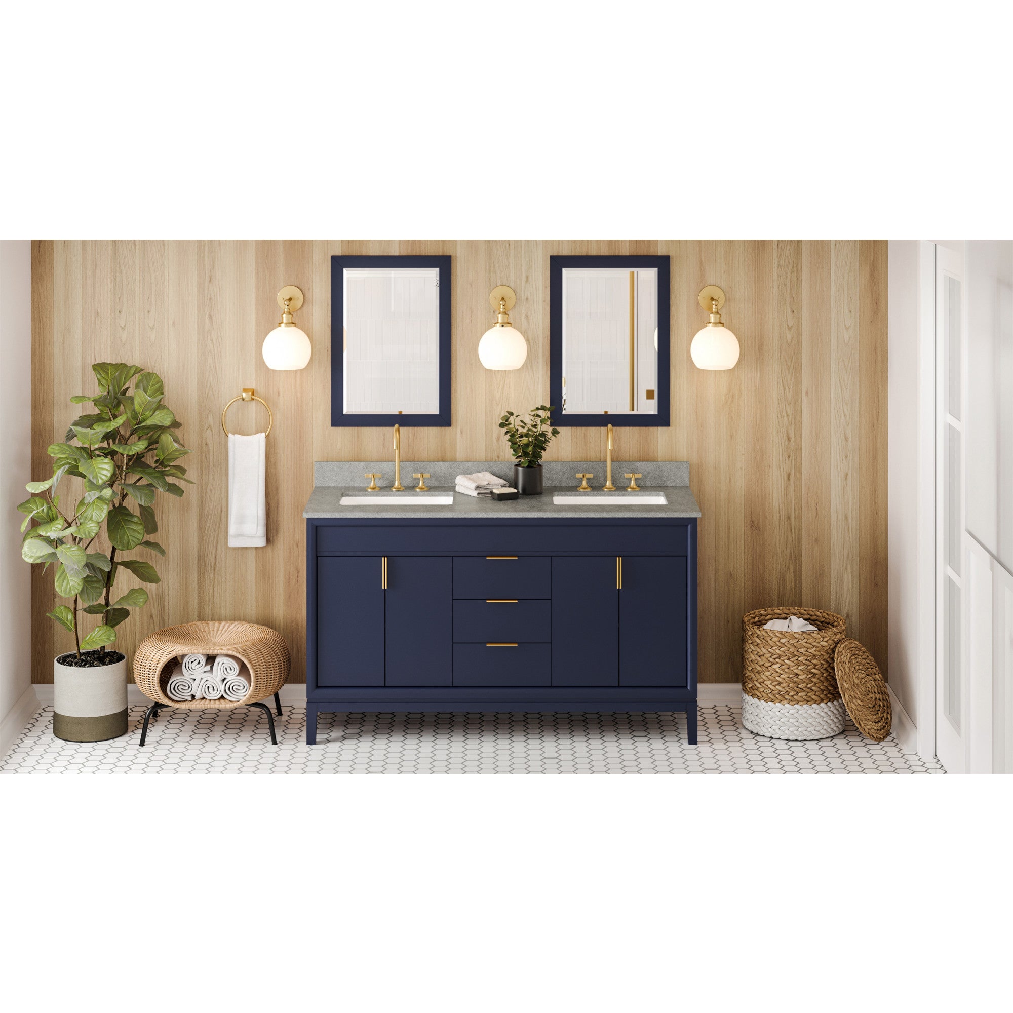60" Hale Blue Theodora Vanity, double bowl, Steel Grey Cultured Marble Vanity Top, two undermount rectangle bowls | KitchBath