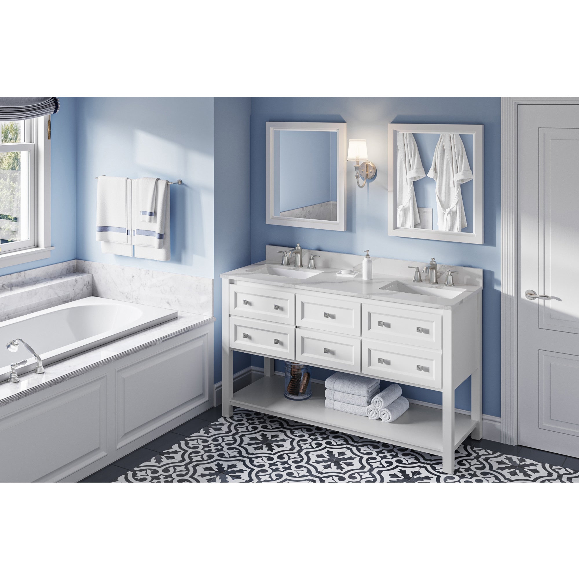 60" White Adler Vanity, double bowl, Calacatta Vienna Quartz Vanity Top, two undermount rectangle bowls | KitchBath
