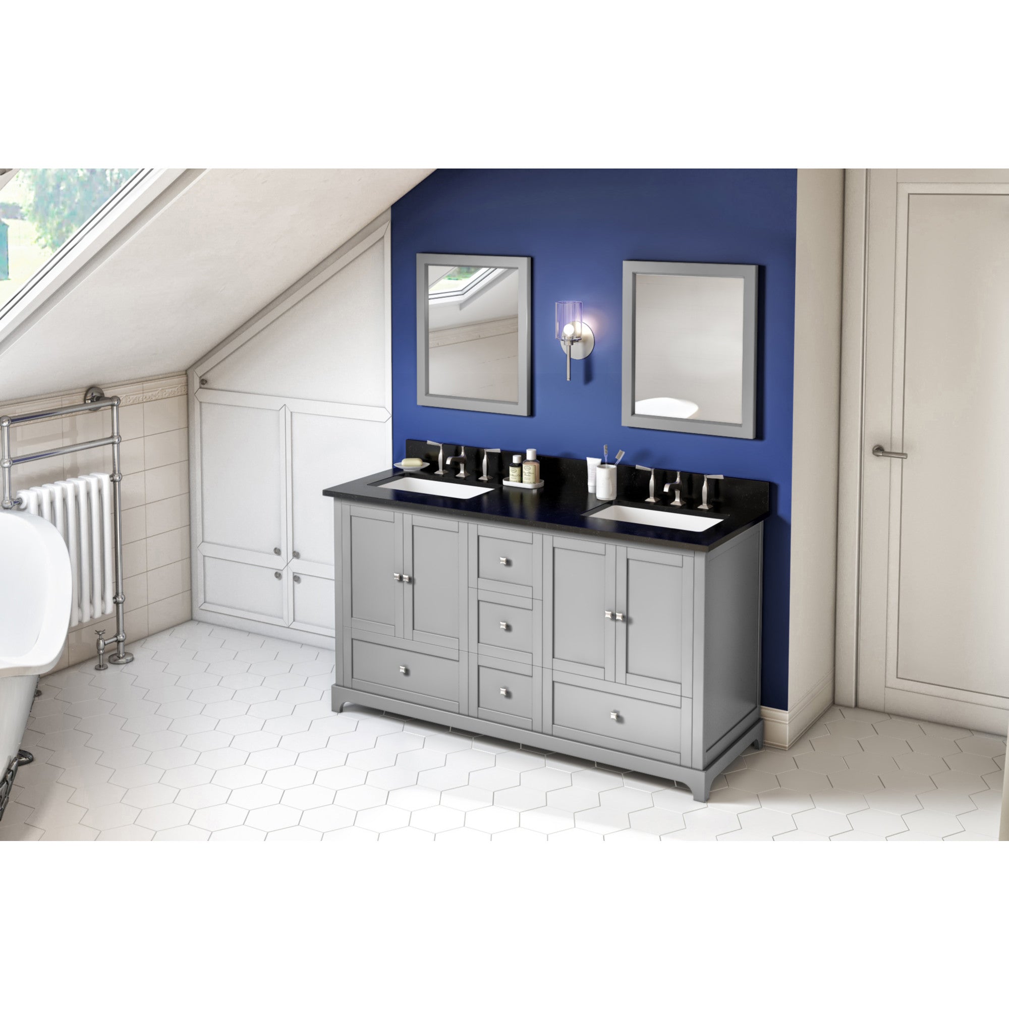 60" Grey Addington Vanity, double bowl, Black Granite Vanity Top, two undermount rectangle bowls | KitchBath