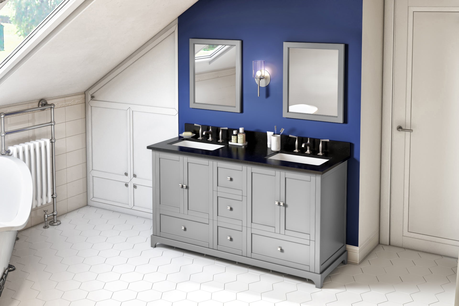 60" Grey Addington Vanity, double bowl, Black Granite Vanity Top, two undermount rectangle bowls