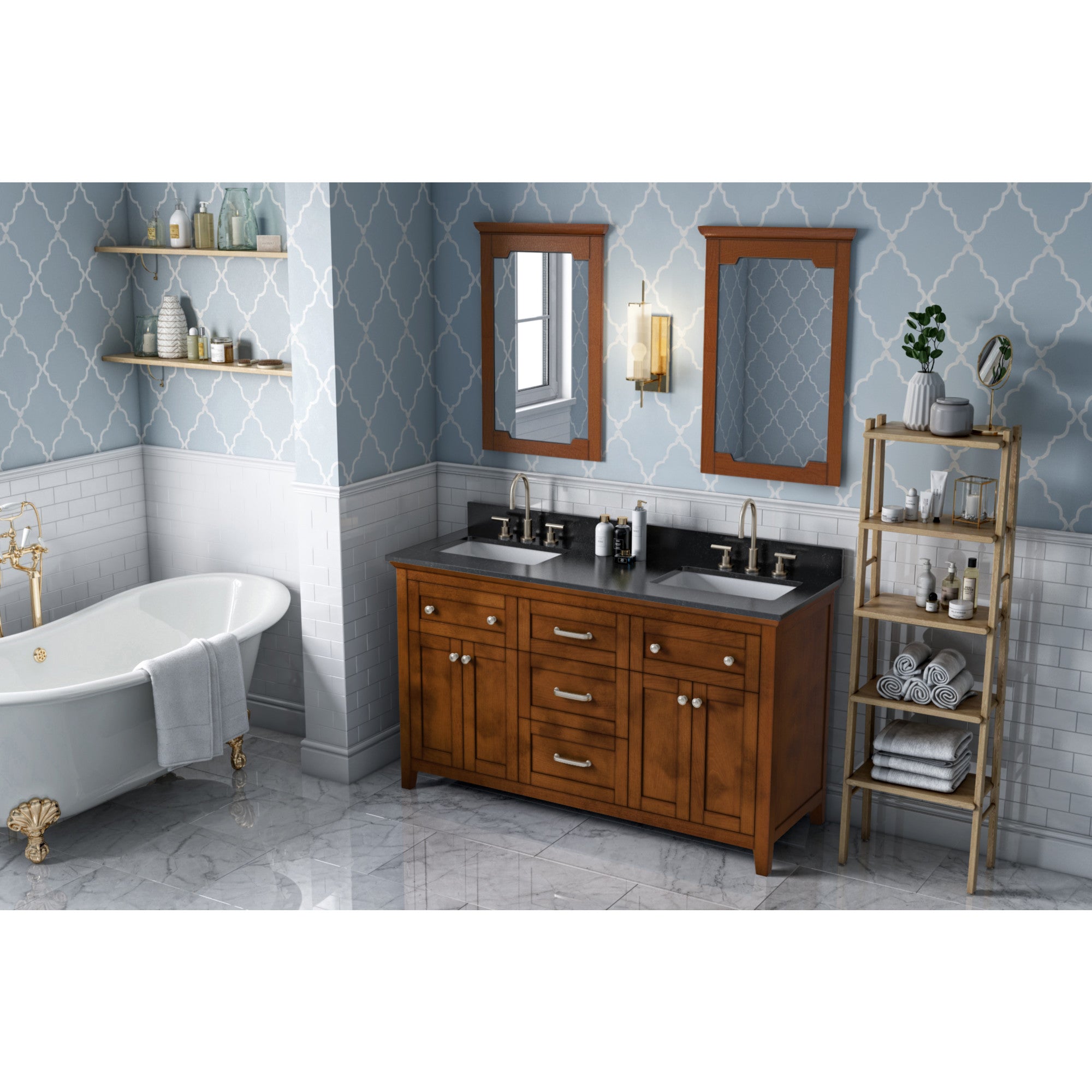 60" Chocolate Chatham Vanity, double bowl, Black Granite Vanity Top, two undermount rectangle bowls | KitchBath