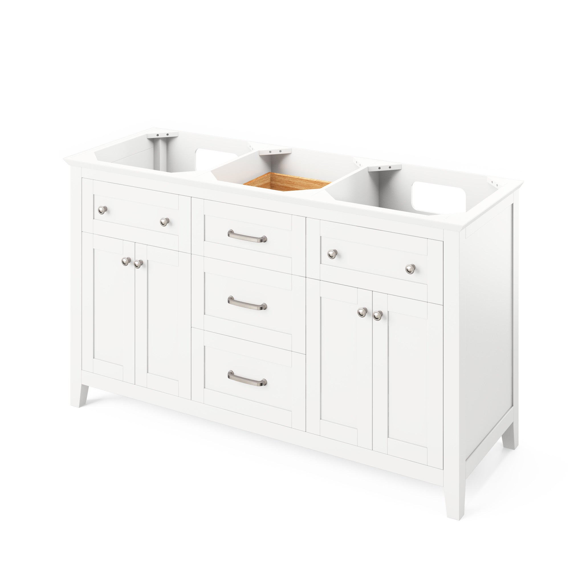 60" White Chatham Vanity, double bowl, Boulder Cultured Marble Vanity Top, two undermount rectangle bowls | KitchBath