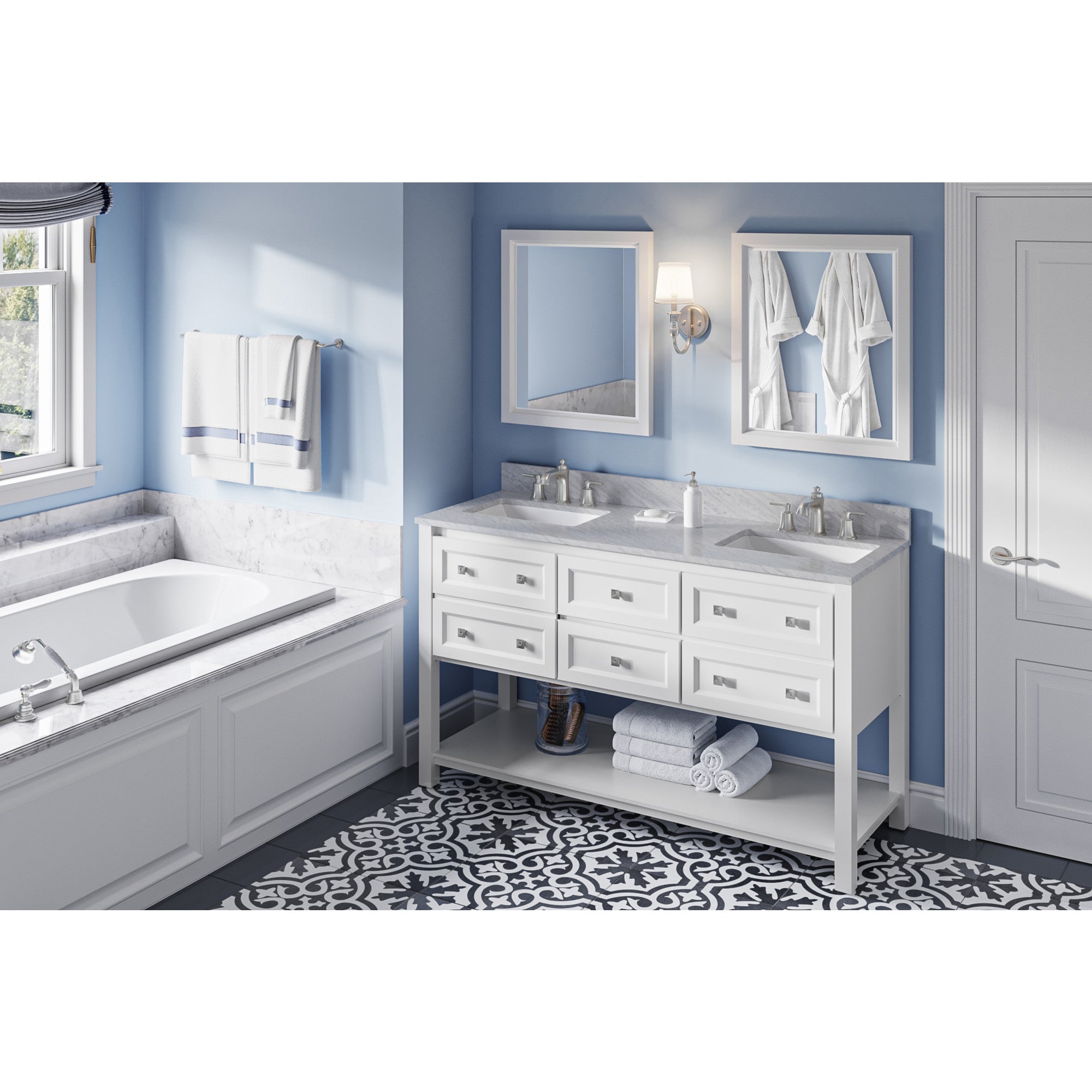 60" White Adler Vanity, double bowl | KitchBath