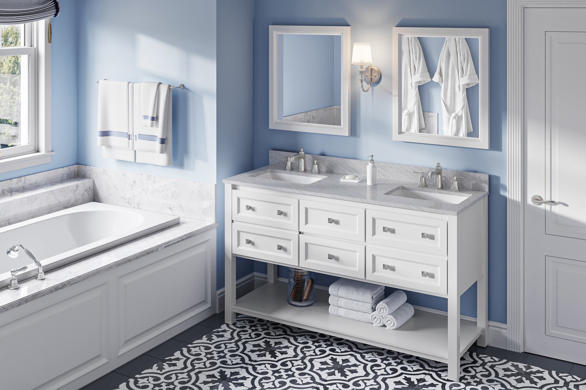 60" White Adler Vanity, double bowl | KitchBath