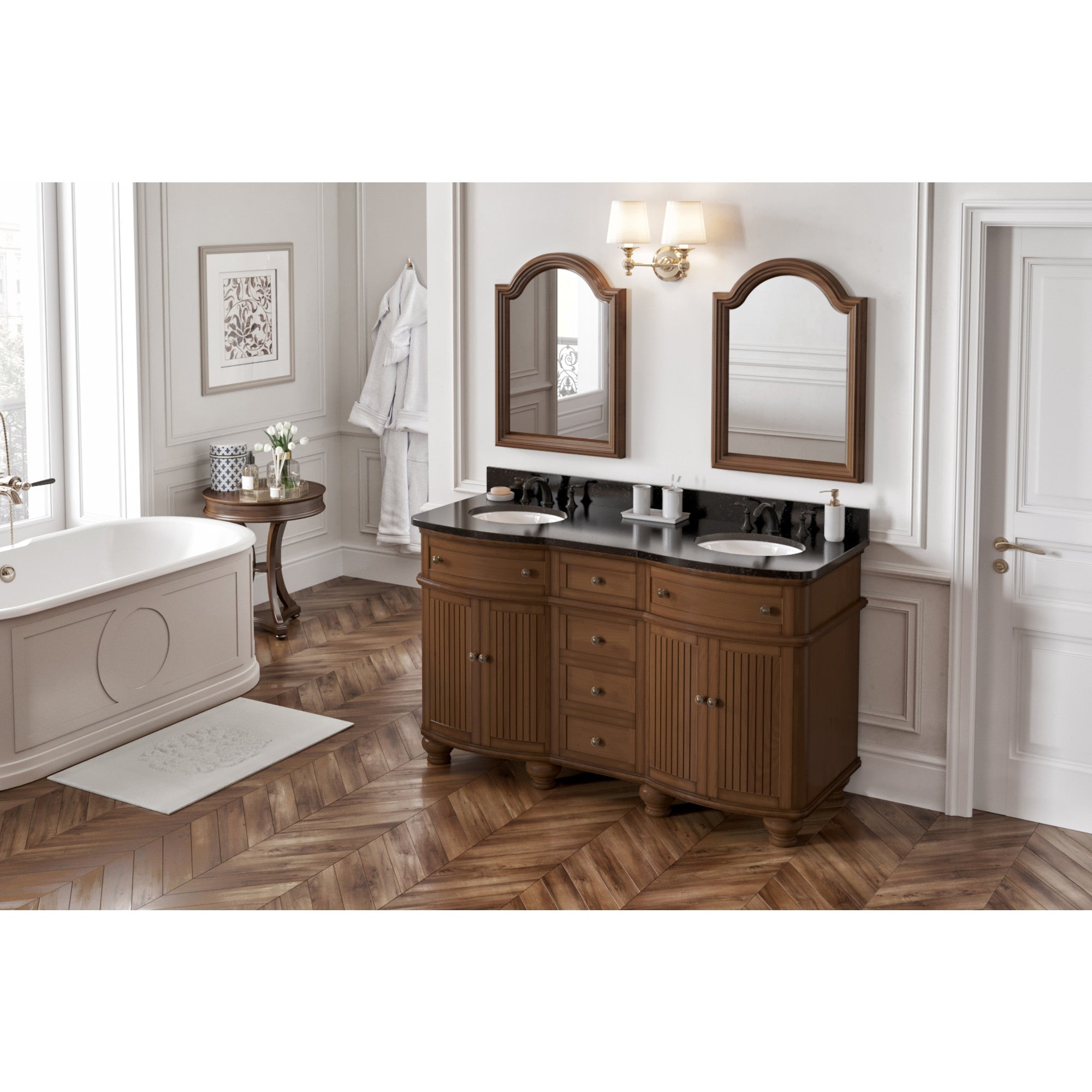 60" Walnut Compton Vanity, double bowl, Compton-only Black Granite Vanity Top, two undermount oval bowls | KitchBath