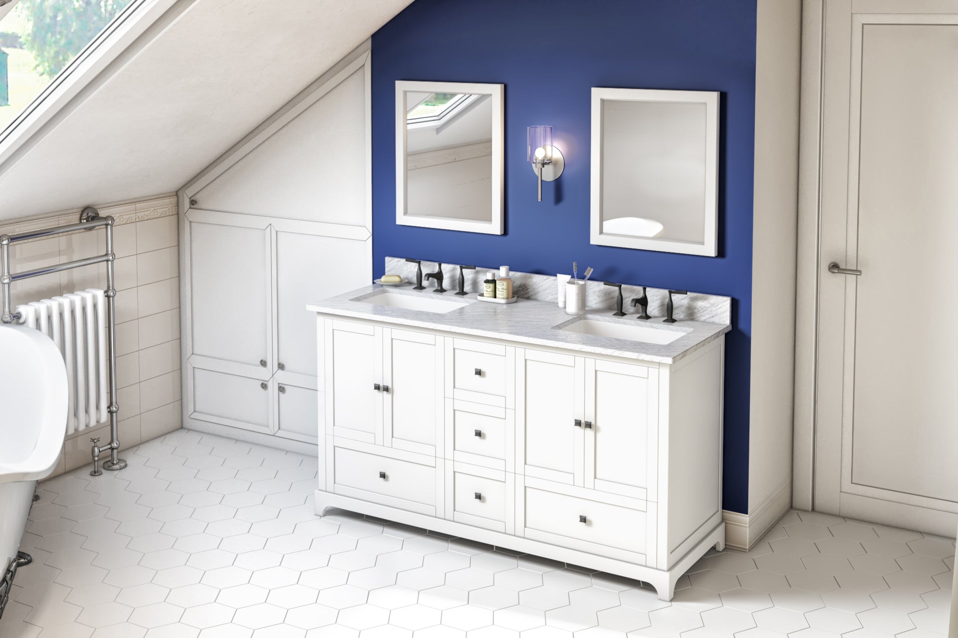 60" White Addington Vanity, double bowl, White Carrara Marble Vanity Top, two undermount rectangle bowls
