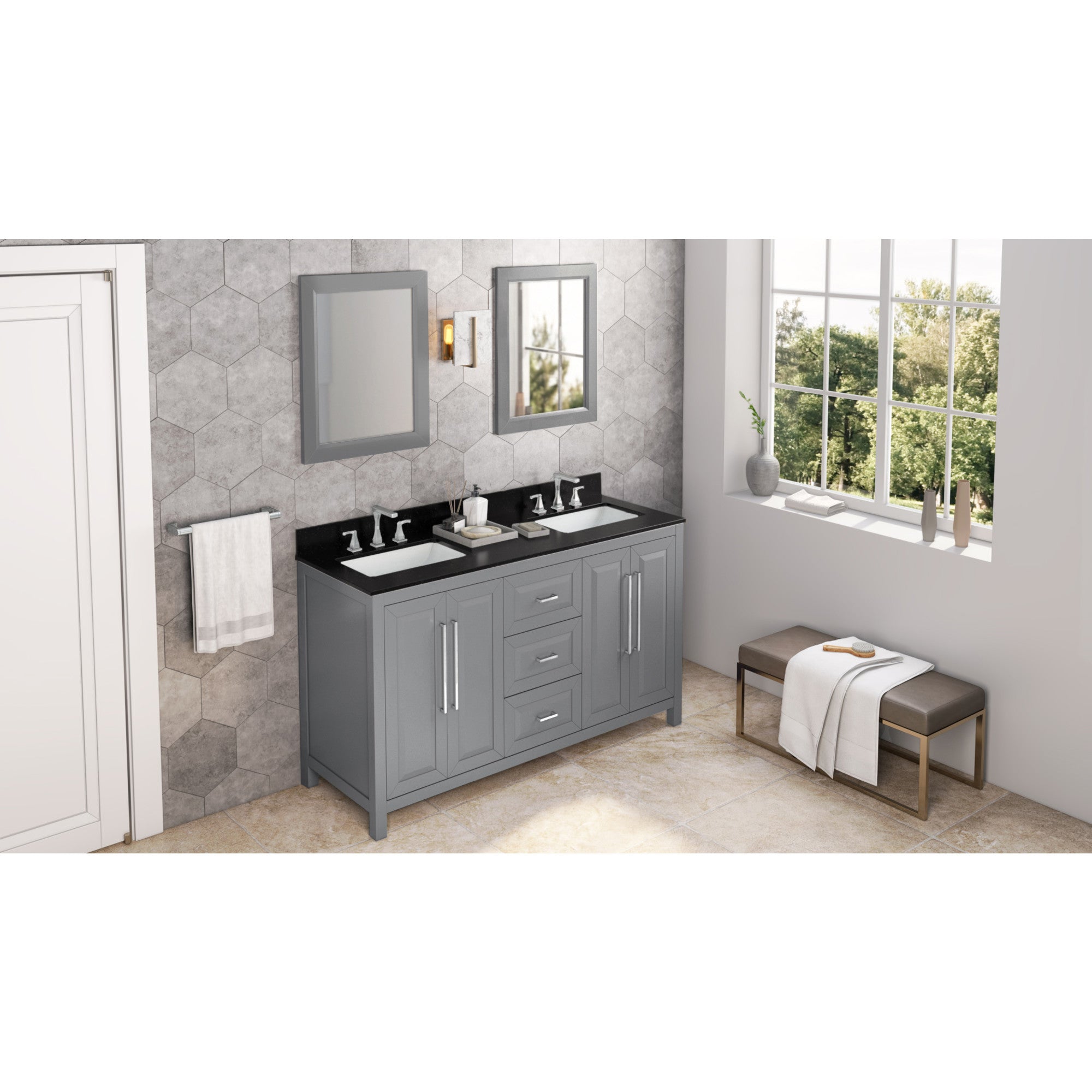 60" Grey Cade Vanity, double bowl, Black Granite Vanity Top, undermount rectangle bowl | KitchBath