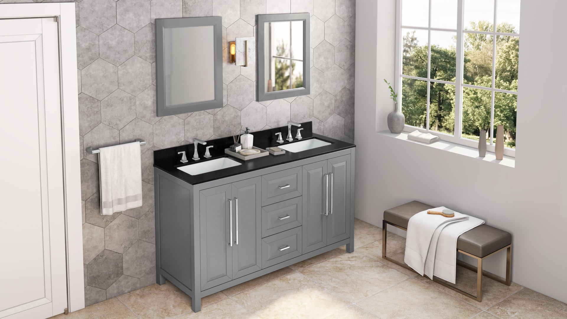 60" Grey Cade Vanity, double bowl, Black Granite Vanity Top, undermount rectangle bowl