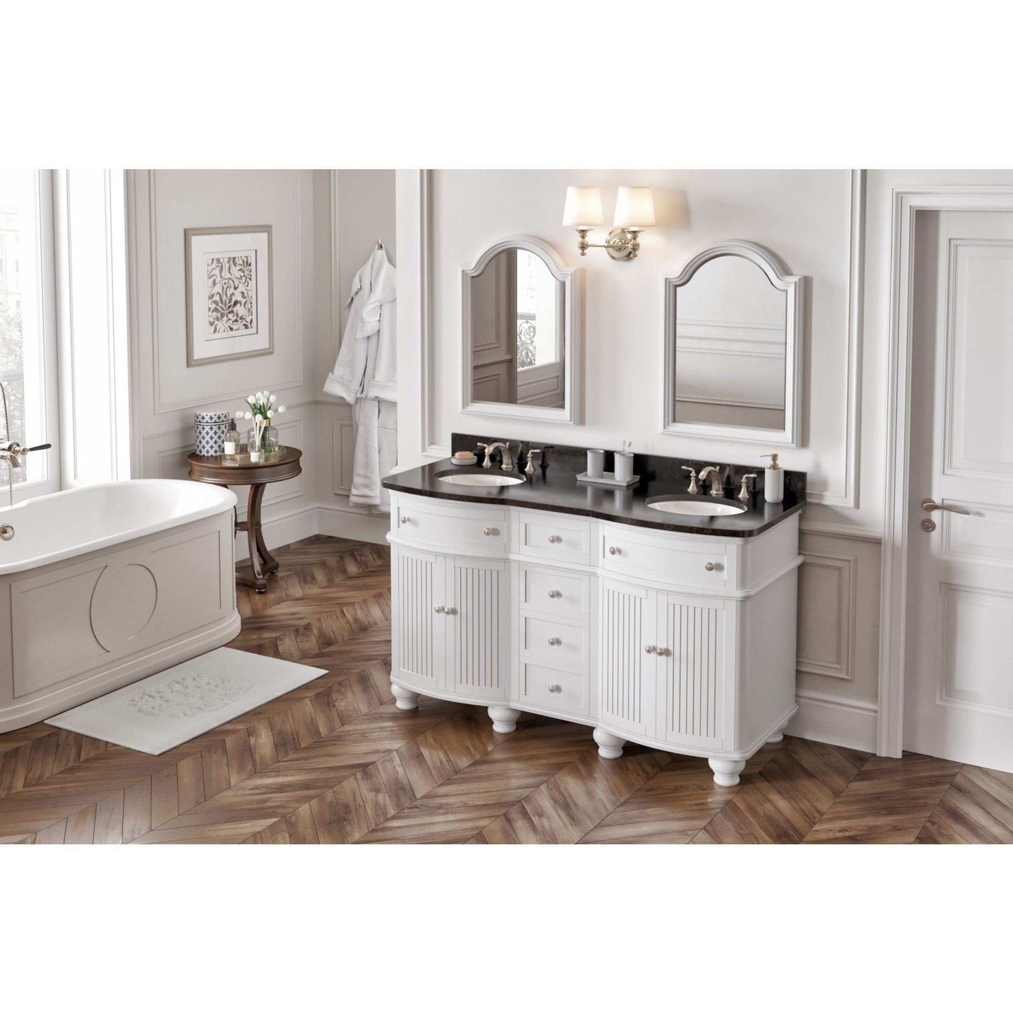 60" White Compton Vanity, double bowl, Compton-only Black Granite Vanity Top, two undermount oval bowls | KitchBath