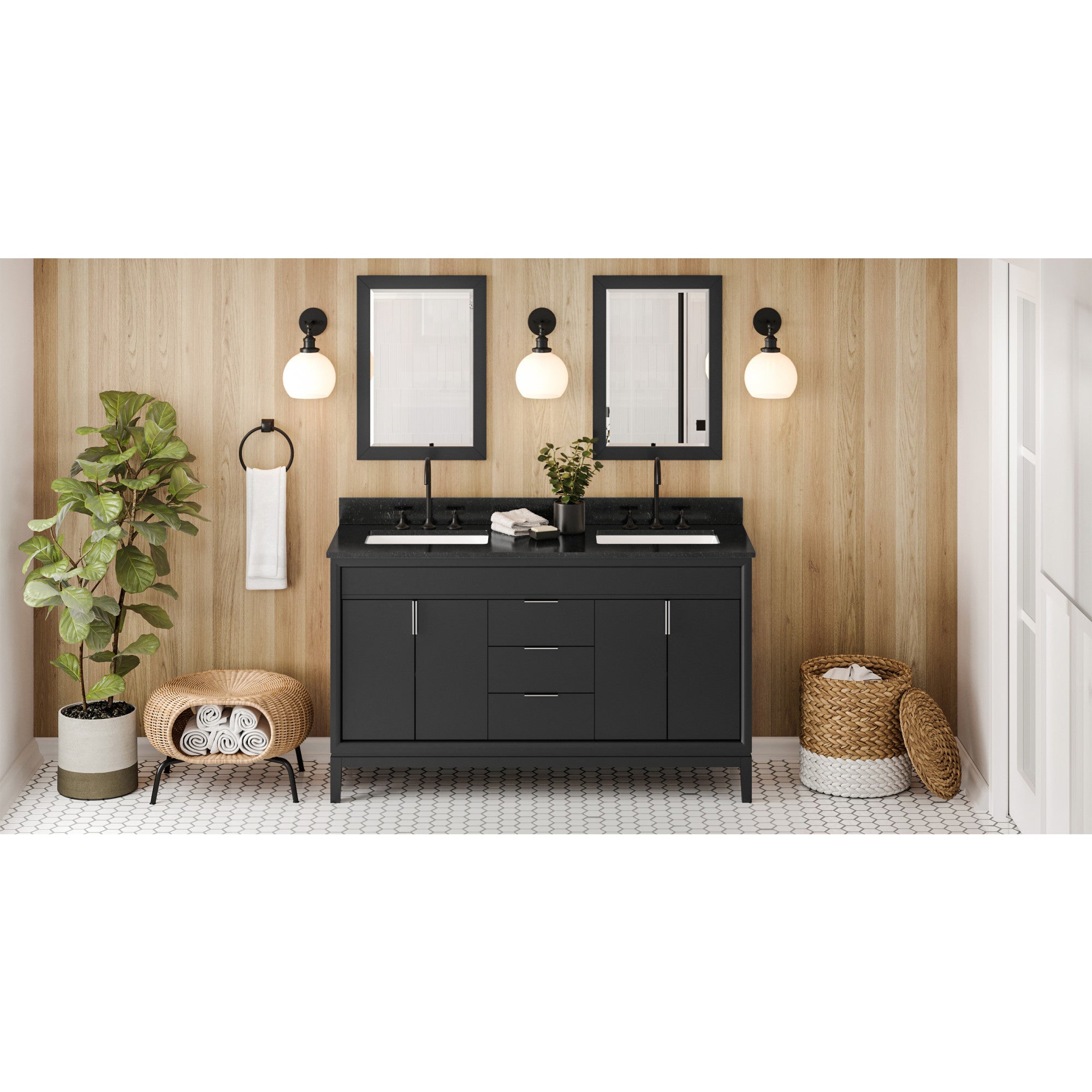 60" Black Theodora Vanity, double bowl, Black Granite Vanity Top, two undermount rectangle bowls | KitchBath